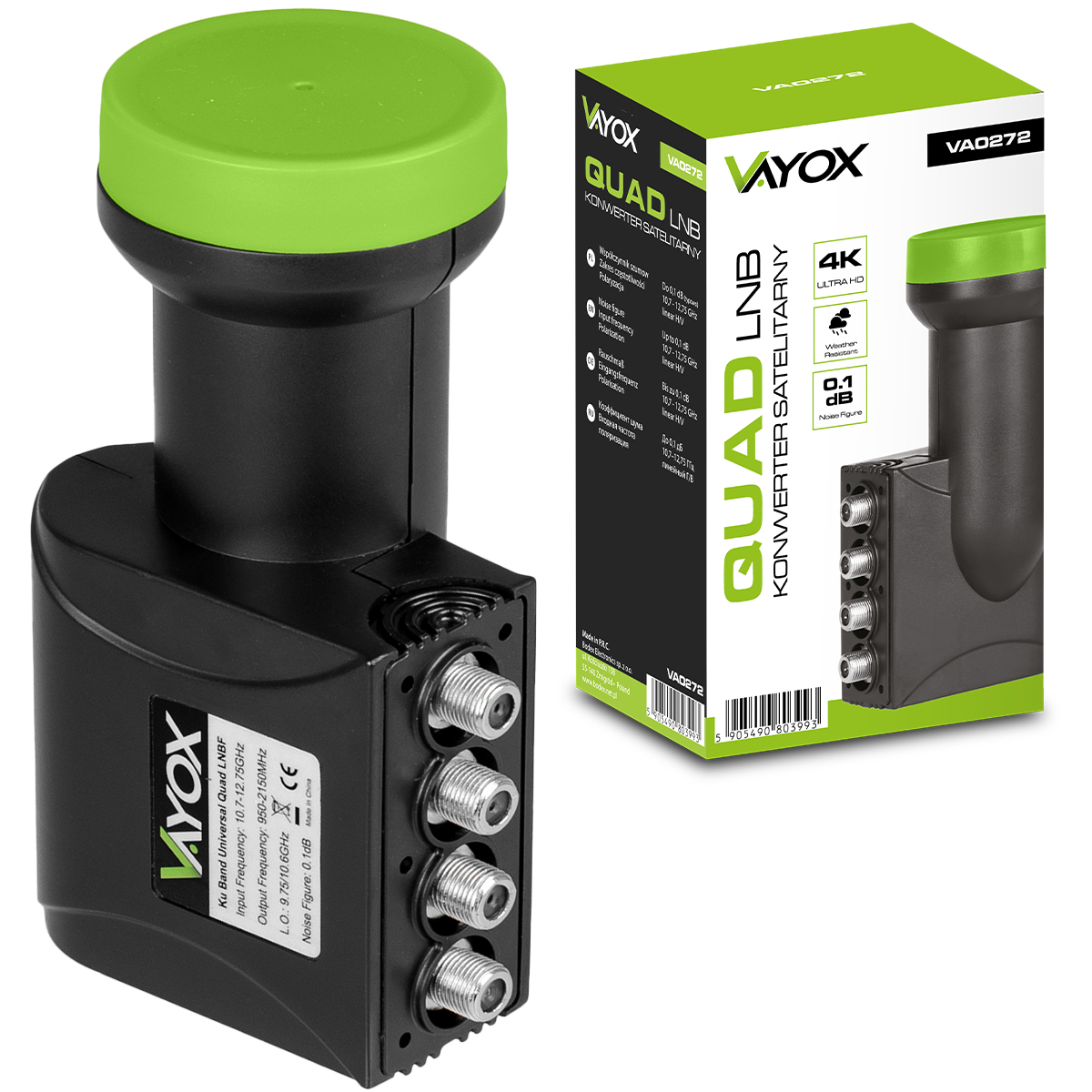 Schwarzer LNB mit grünem Deckel, vier Anschlüssen und Verpackung. Marke: Vayox.