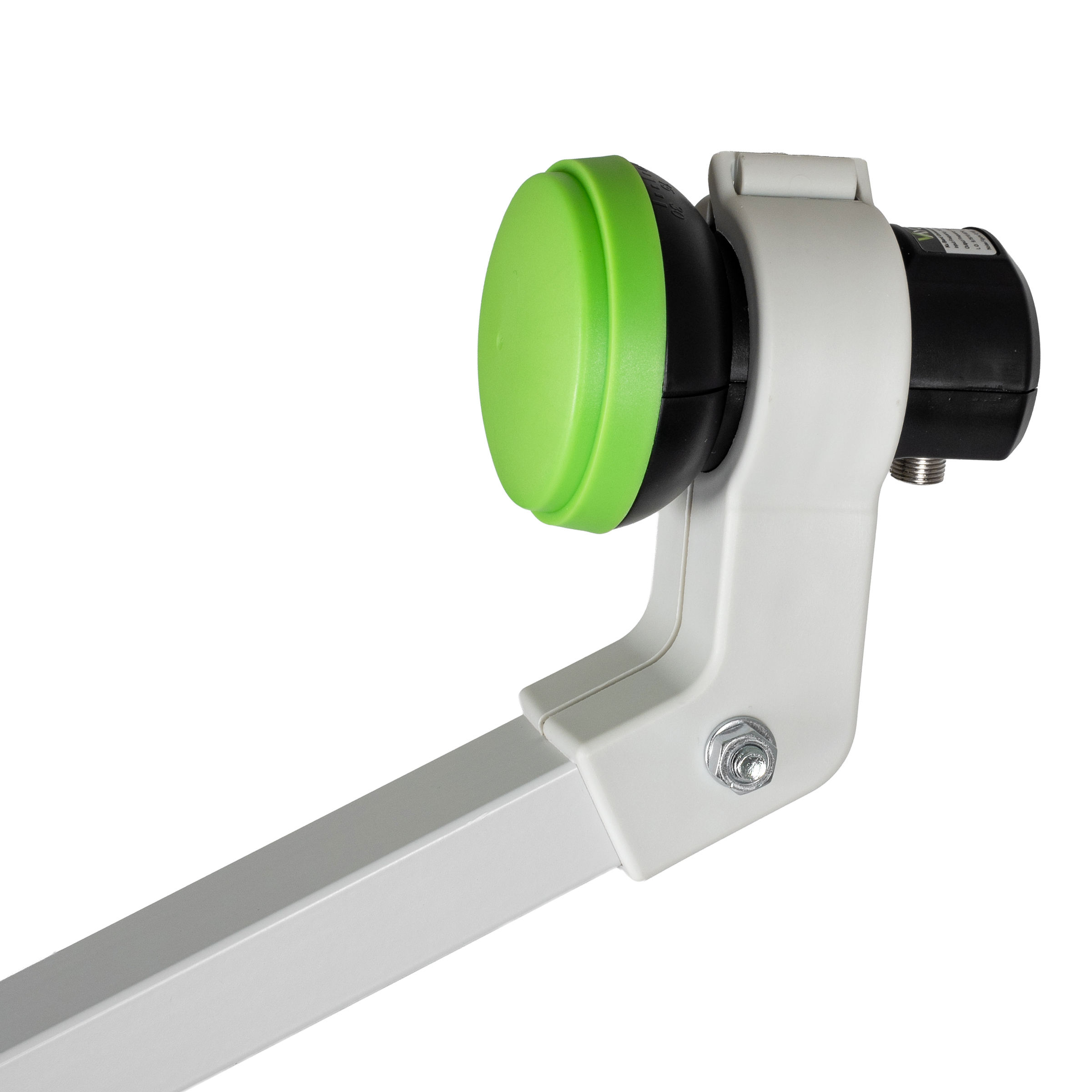 Ein LNB mit grünem und schwarzem Gehäuse an einem Satellitenarm.