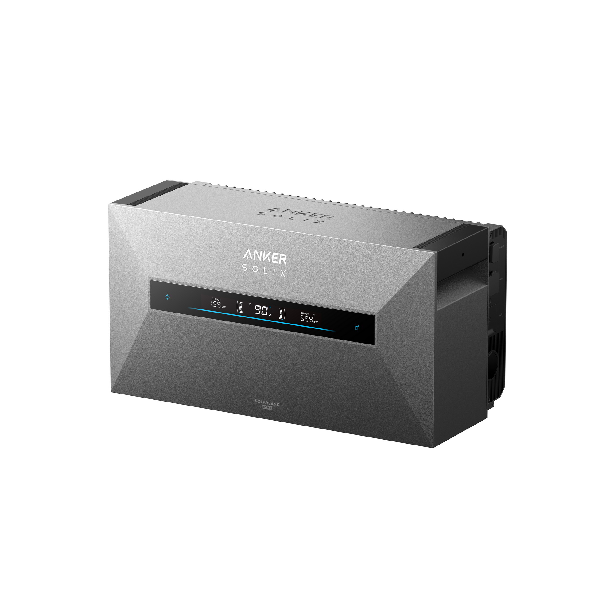Graues Anker Solix Solarbank Max Gerät mit digitaler Anzeige.