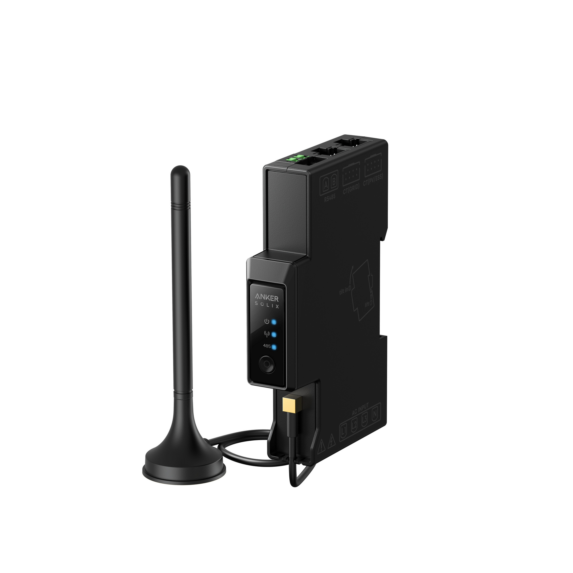 Dispositivo Anker Solix negro con antena y cables. Muestra RS485 y entrada de CA.