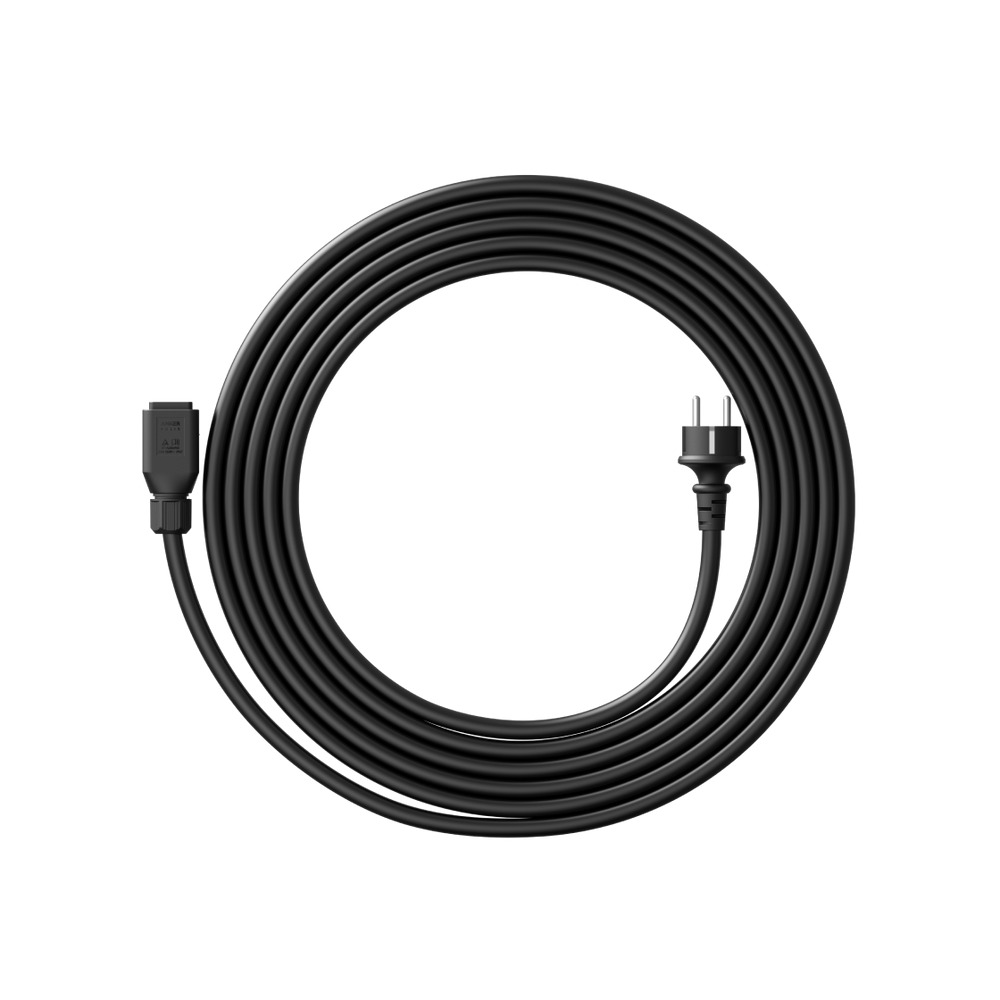 Schwarzes Kabel mit Stecker und Buchse, kreisförmig aufgerollt.