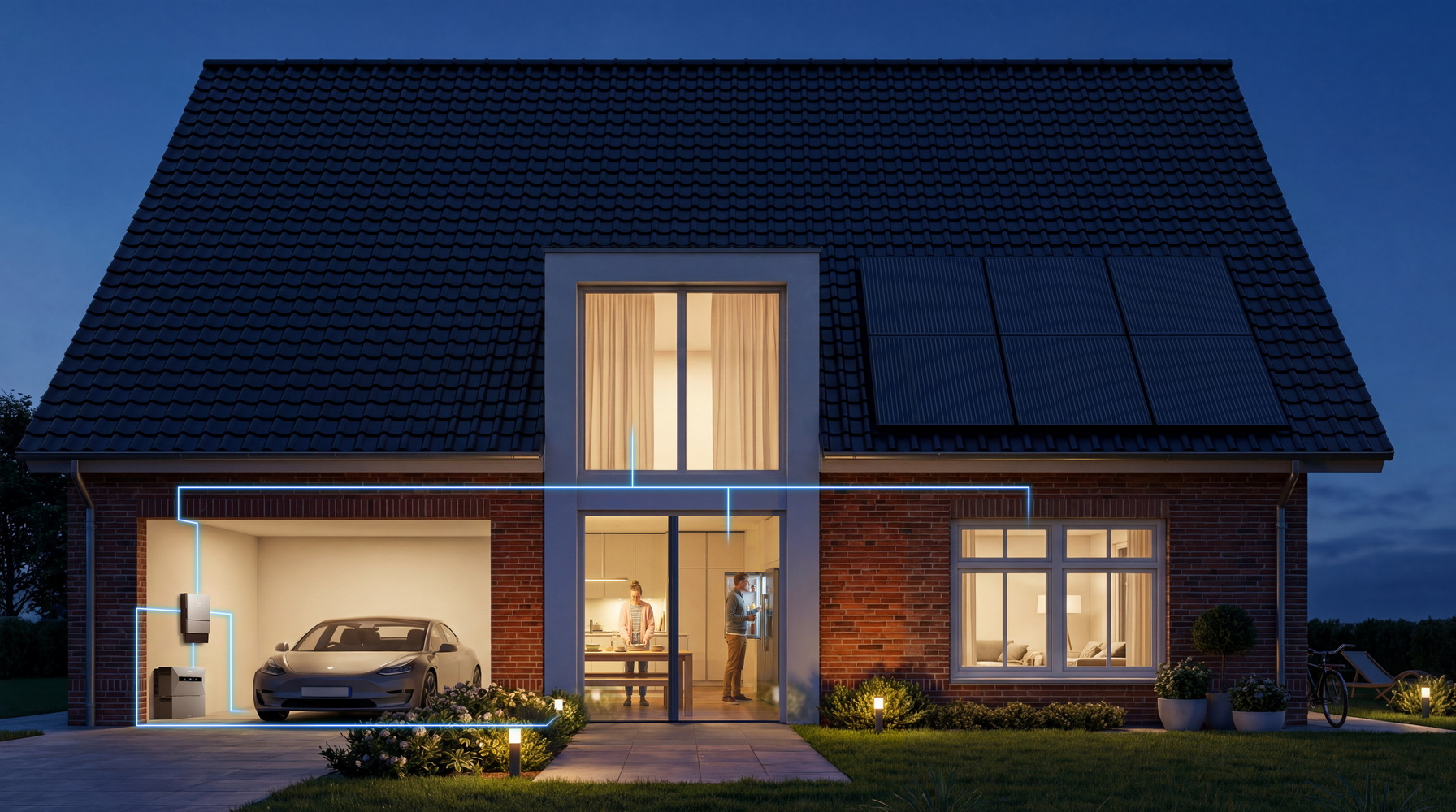 Una casa di notte con pannelli solari, auto elettrica in garage e luci.