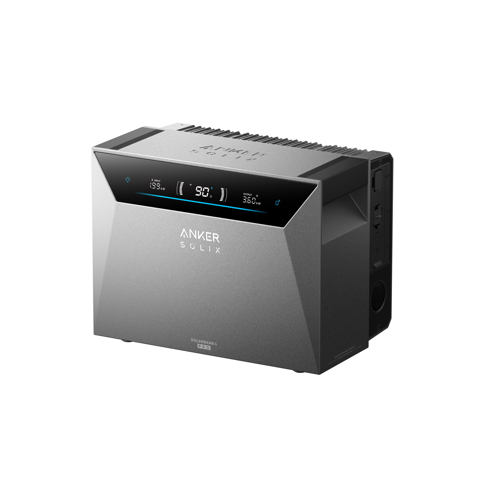 Anker Solix Solarbank Pro grigia con display che mostra 199W di input, 90% di carica e 360kW di output.