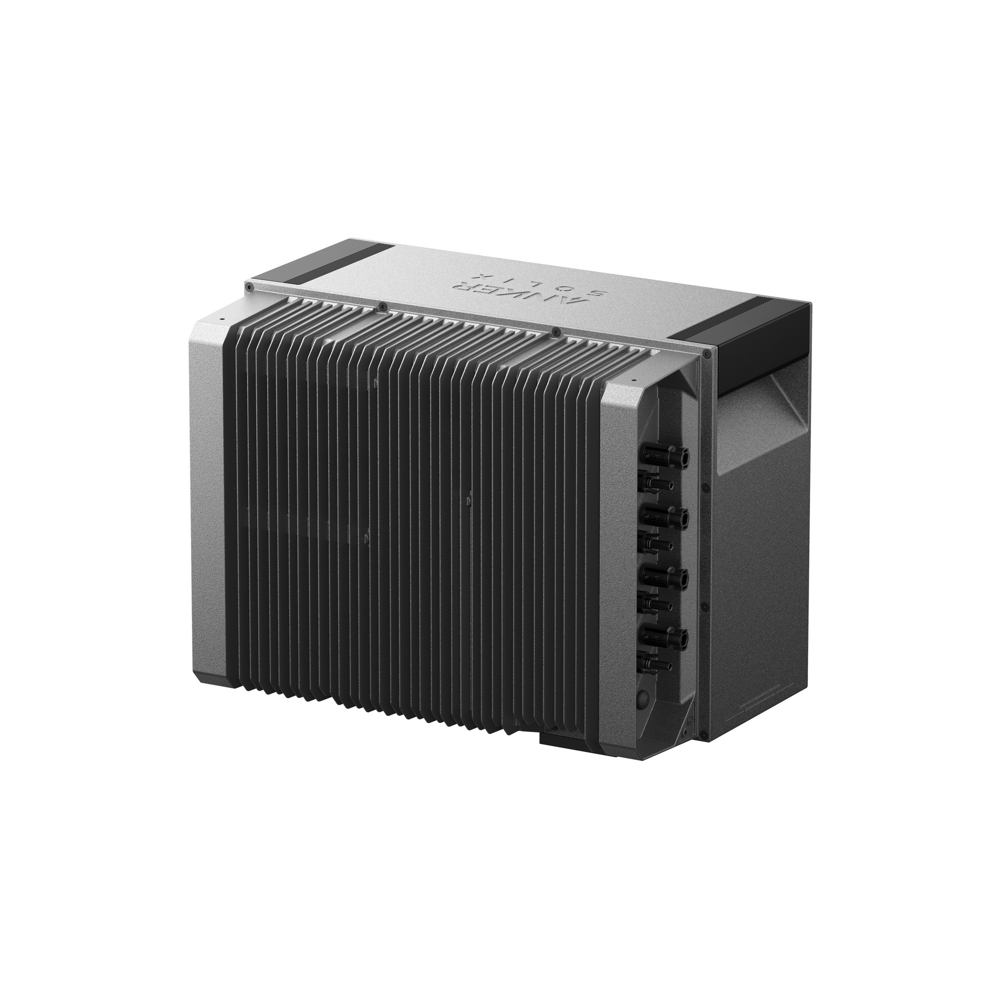 Silver amplifier with heatsinks and black connectors on the side.