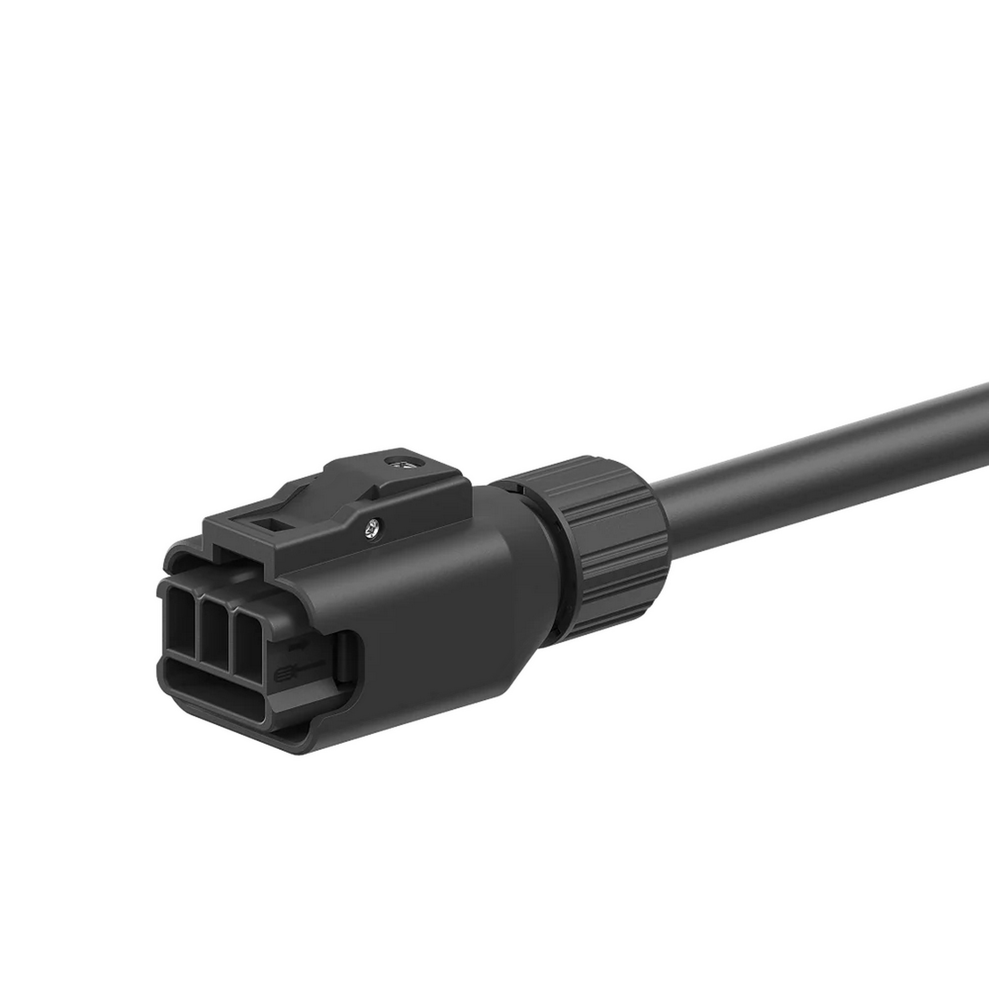 Un connettore rettangolare nero con tre aperture e un cavo.
