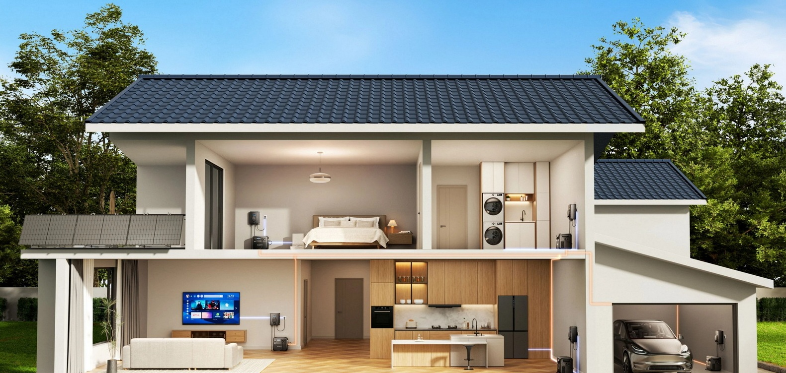 Vista en corte de una casa moderna con paneles solares, dormitorio, cocina, lavadero y garaje.