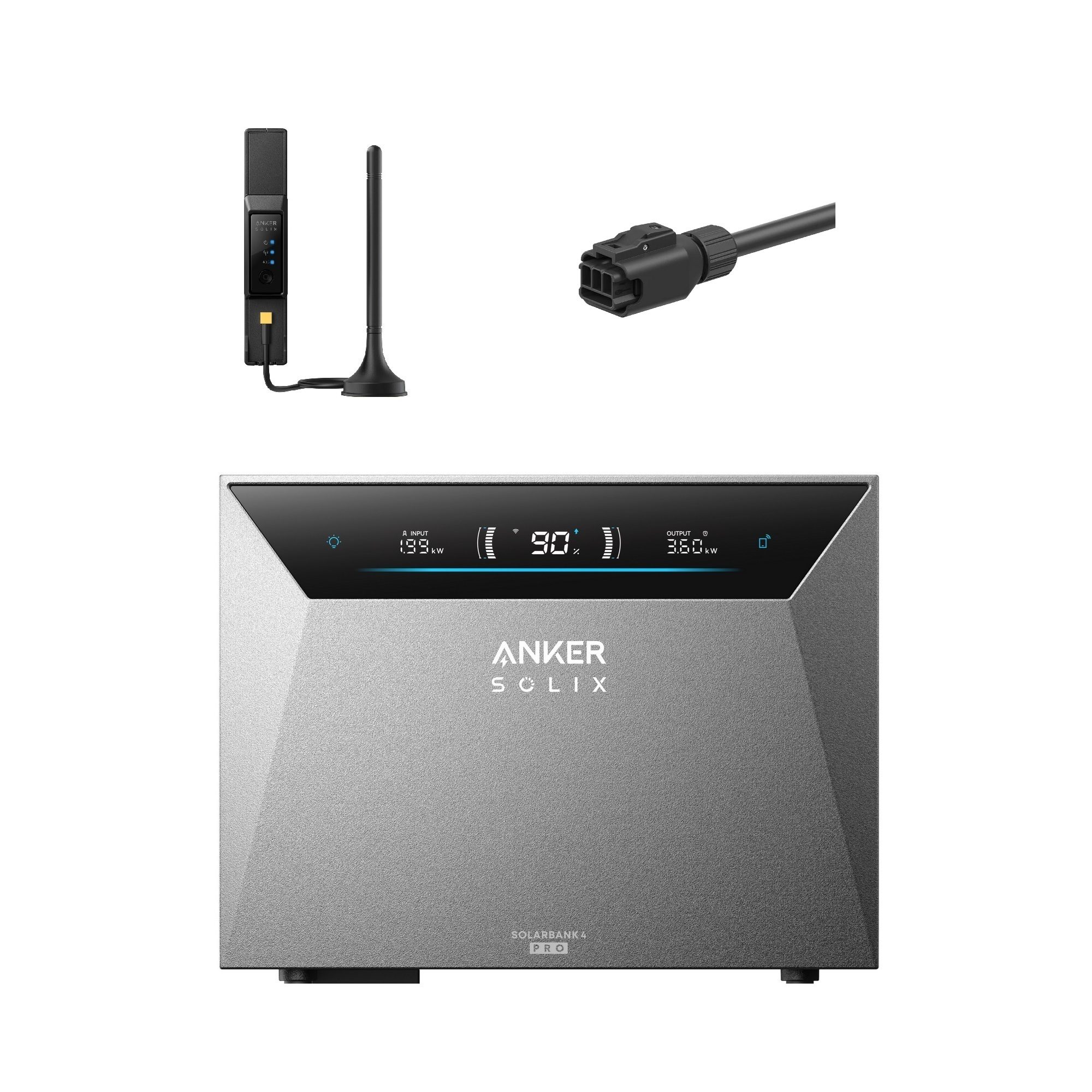 Un'unità Anker Solix Solarbank 4 Pro grigia con cavi e antenna.