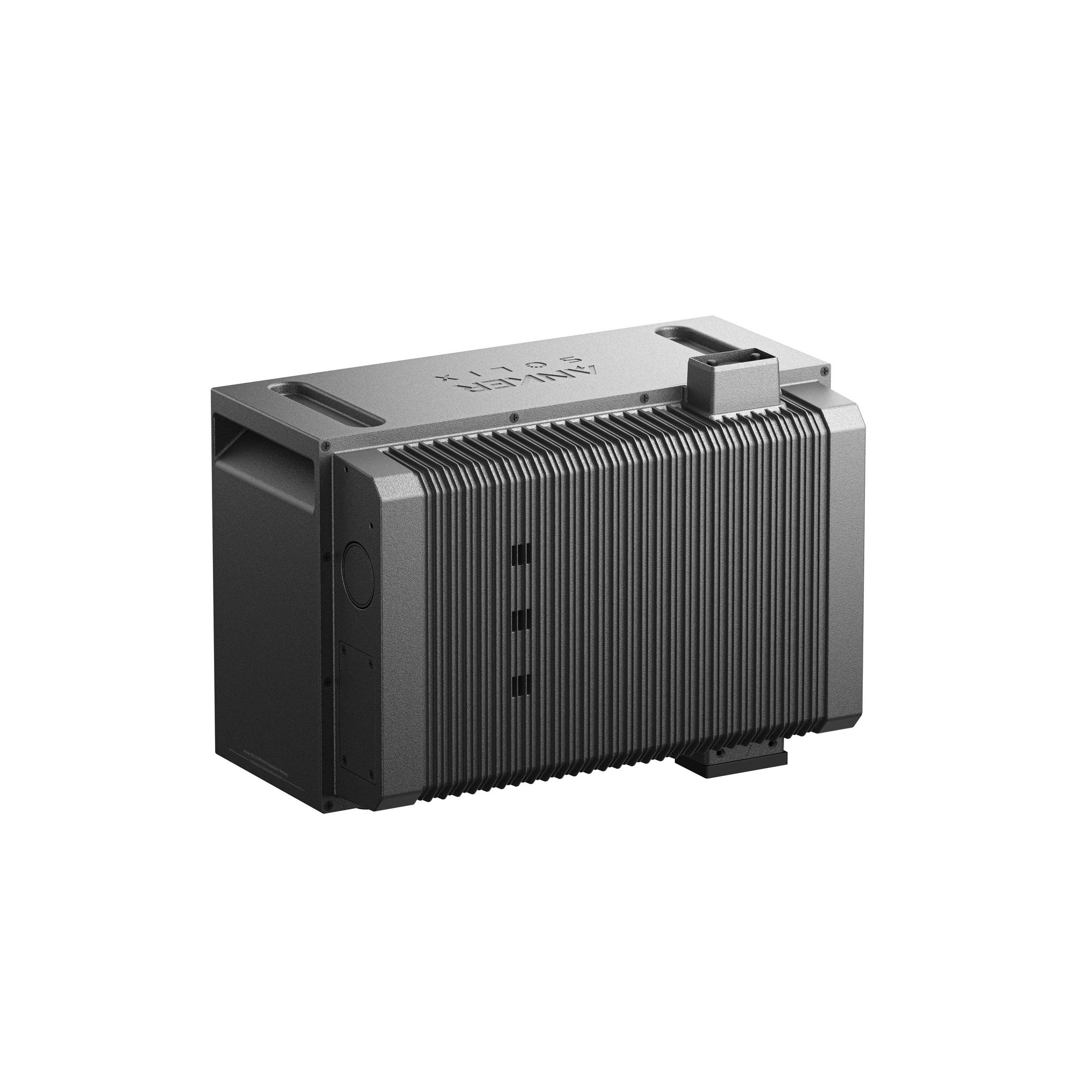 Un dispositivo rectangular gris con frente acanalado y logo "ANKER".