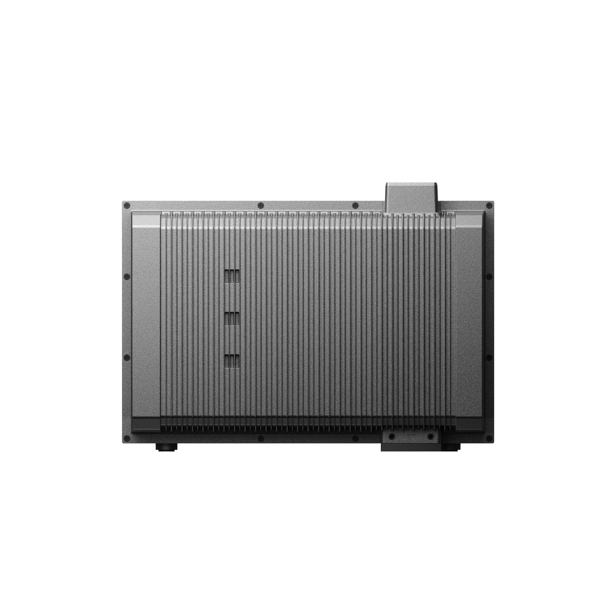 Dispositivo electrónico gris con costillas verticales y tres recortes rectangulares.