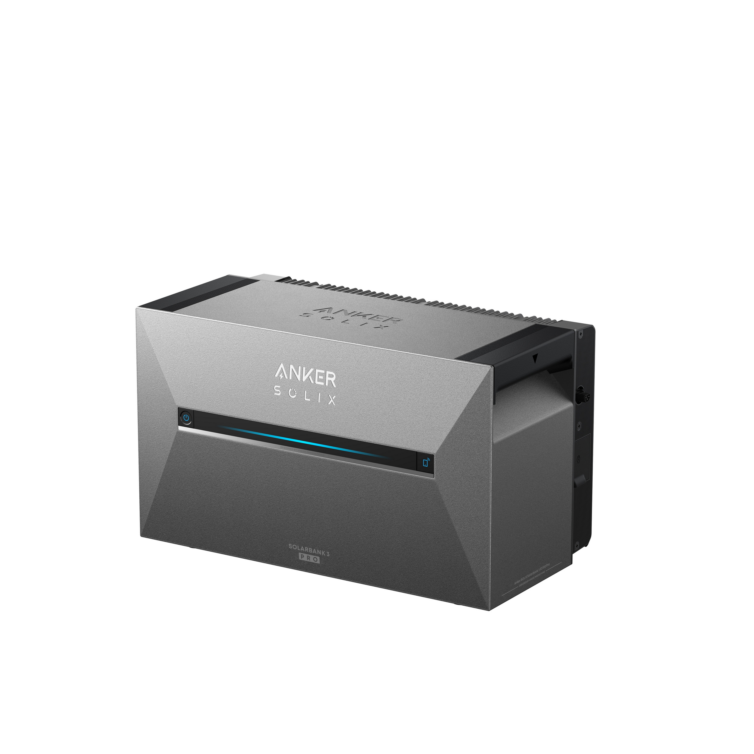 Grauer Anker Solix Solarbank 3 Pro mit Power-Knopf und WLAN-Symbol.