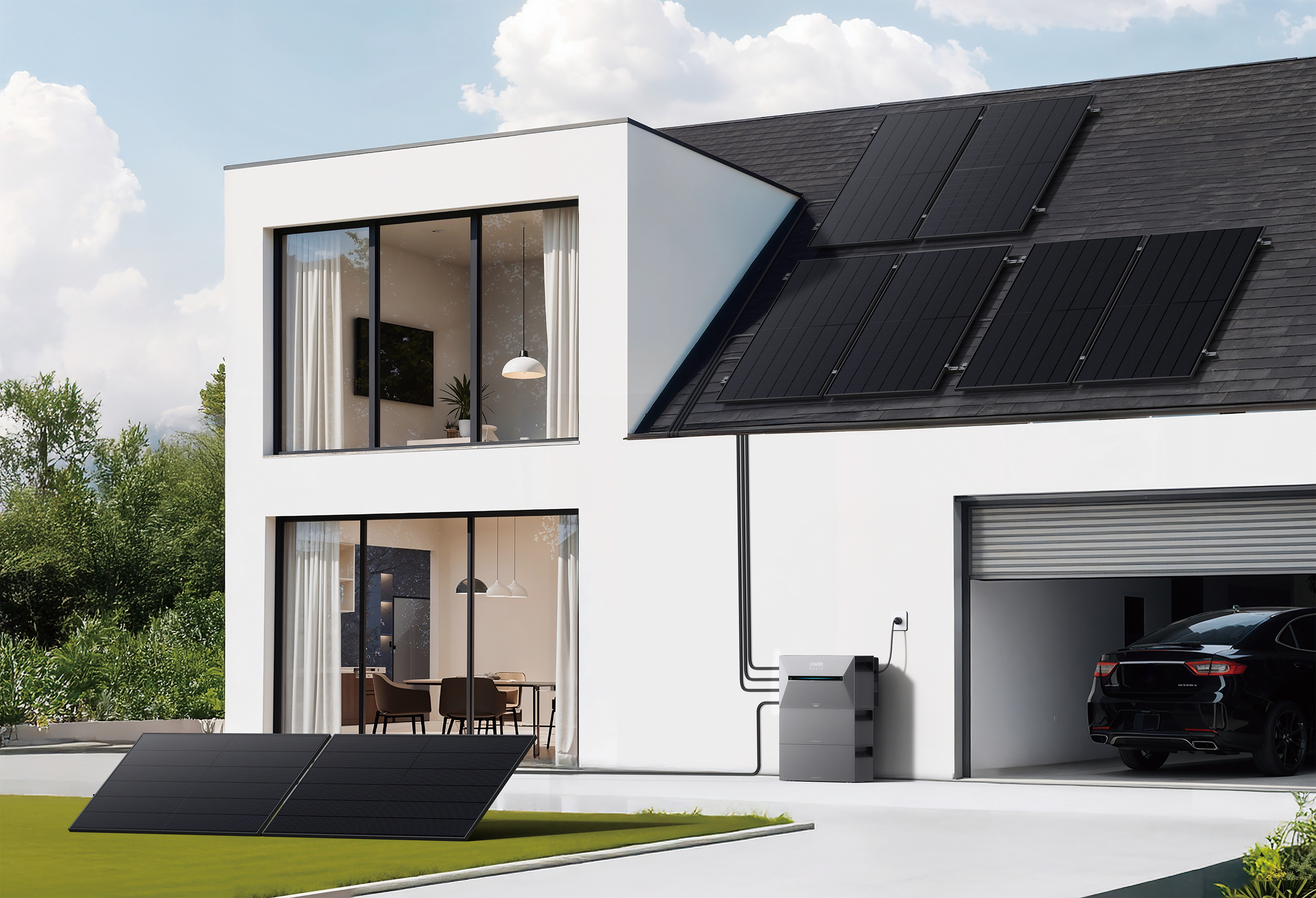 Casa moderna con paneles solares en el techo, almacenamiento de baterías y un coche negro en el garaje.