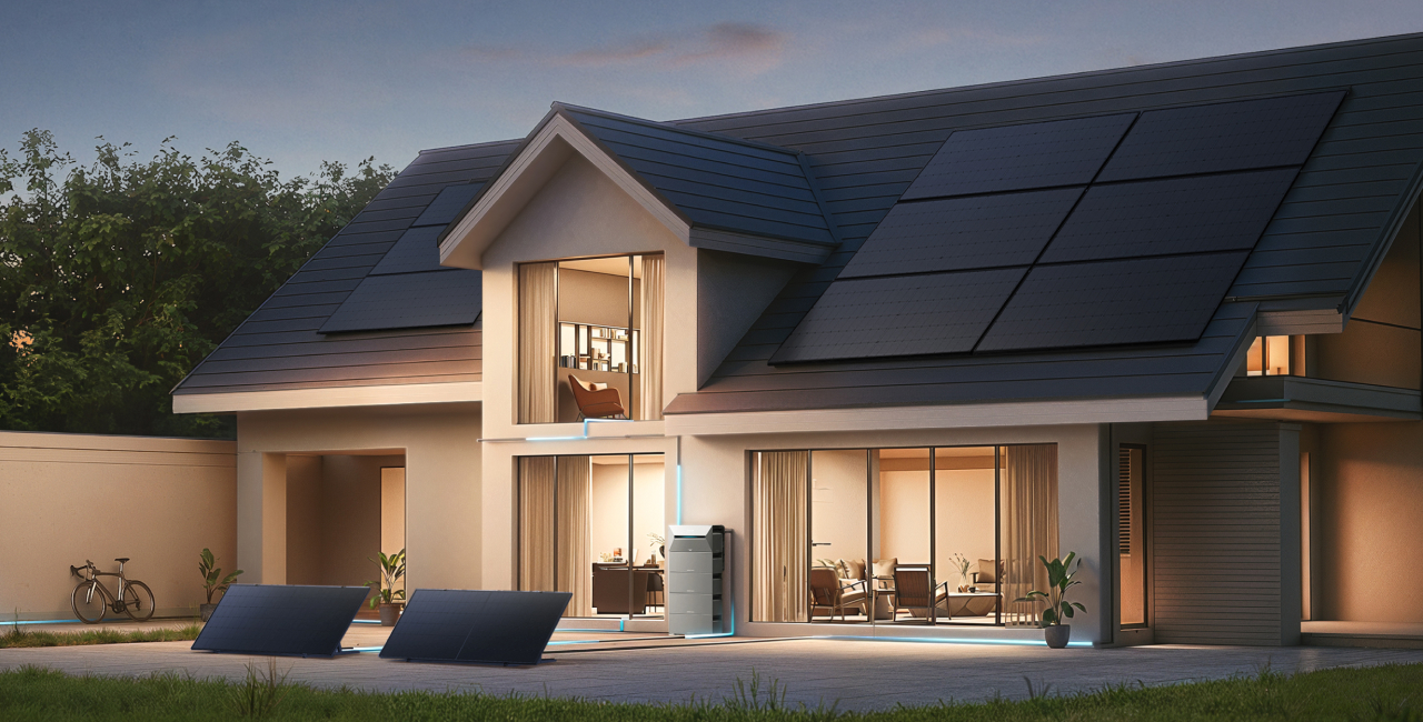 Casa moderna con paneles solares en techo y patio al anochecer.