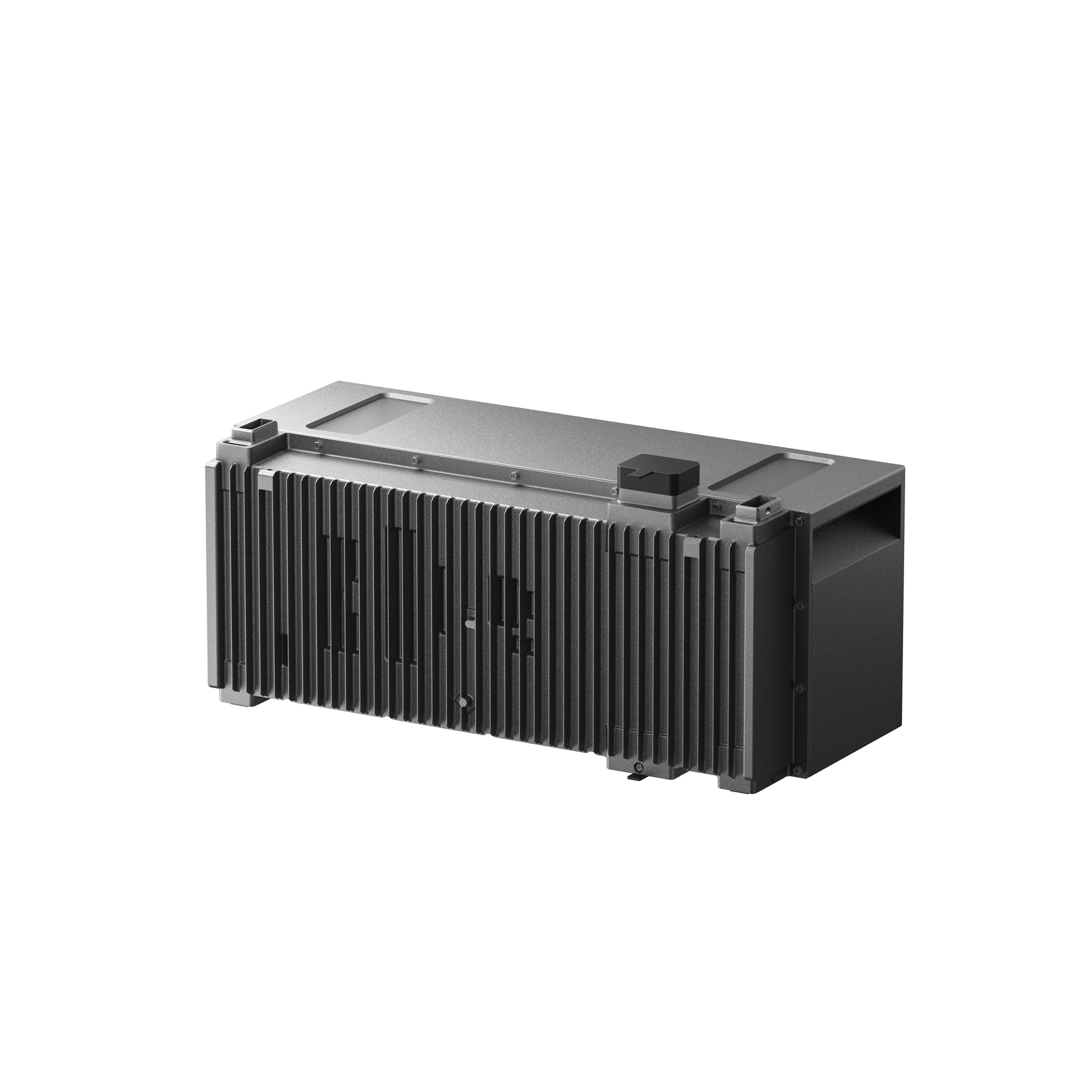 Un dispositivo rectangular plateado con aletas verticales y una caja negra encima.