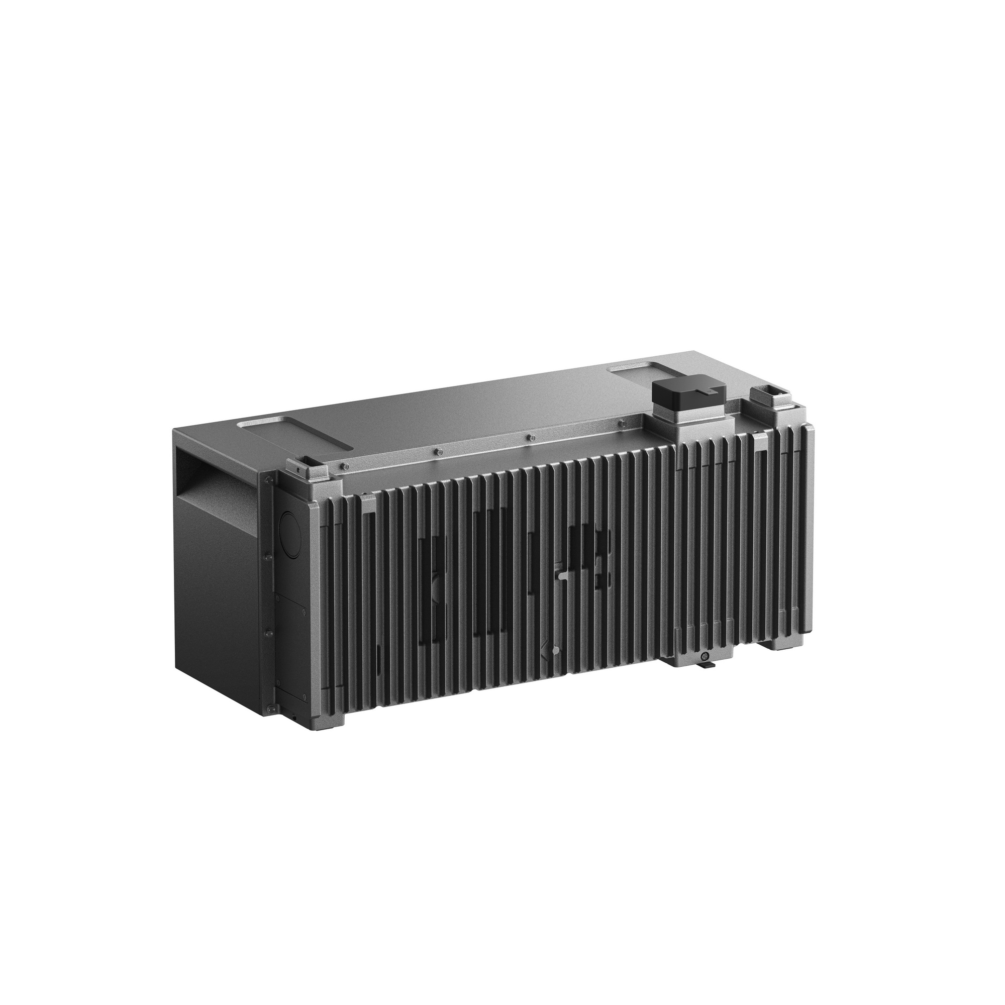 Un dispositivo rectangular gris con ventilaciones y un asa negra en la parte superior.