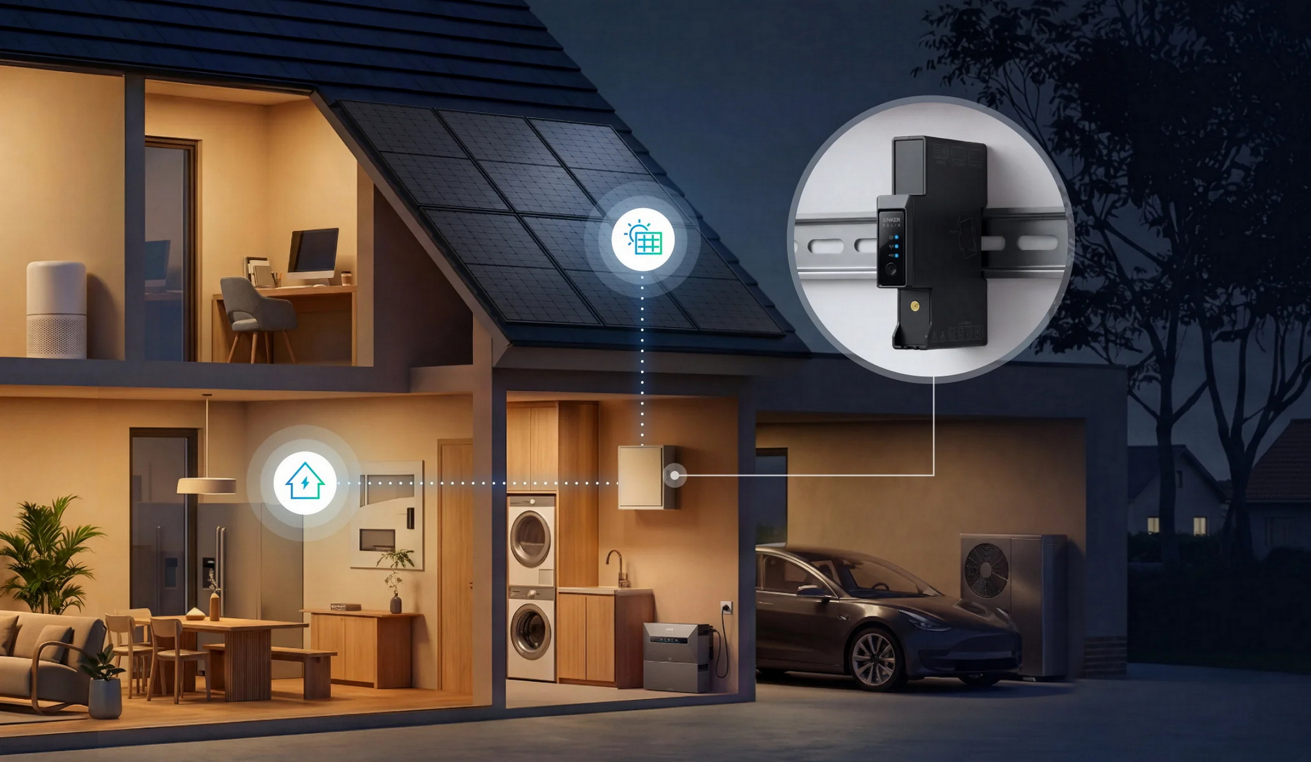 Una casa con paneles solares en el tejado, un coche y un calentador fuera.
