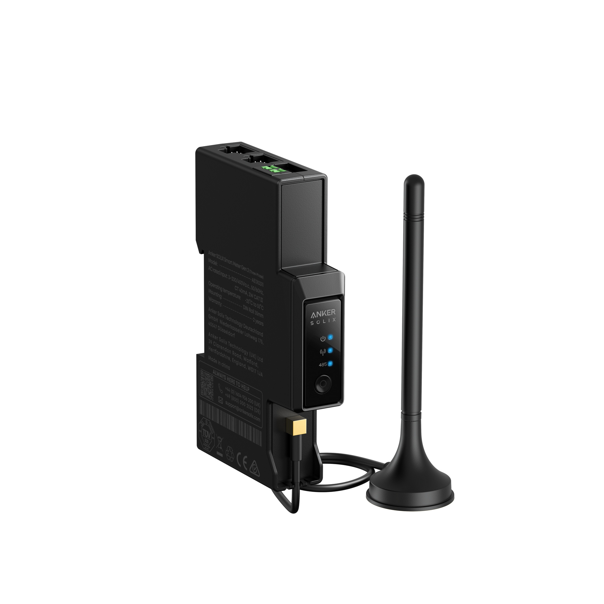 Medidor inteligente negro con antena. Logotipo Anker Solix arriba.