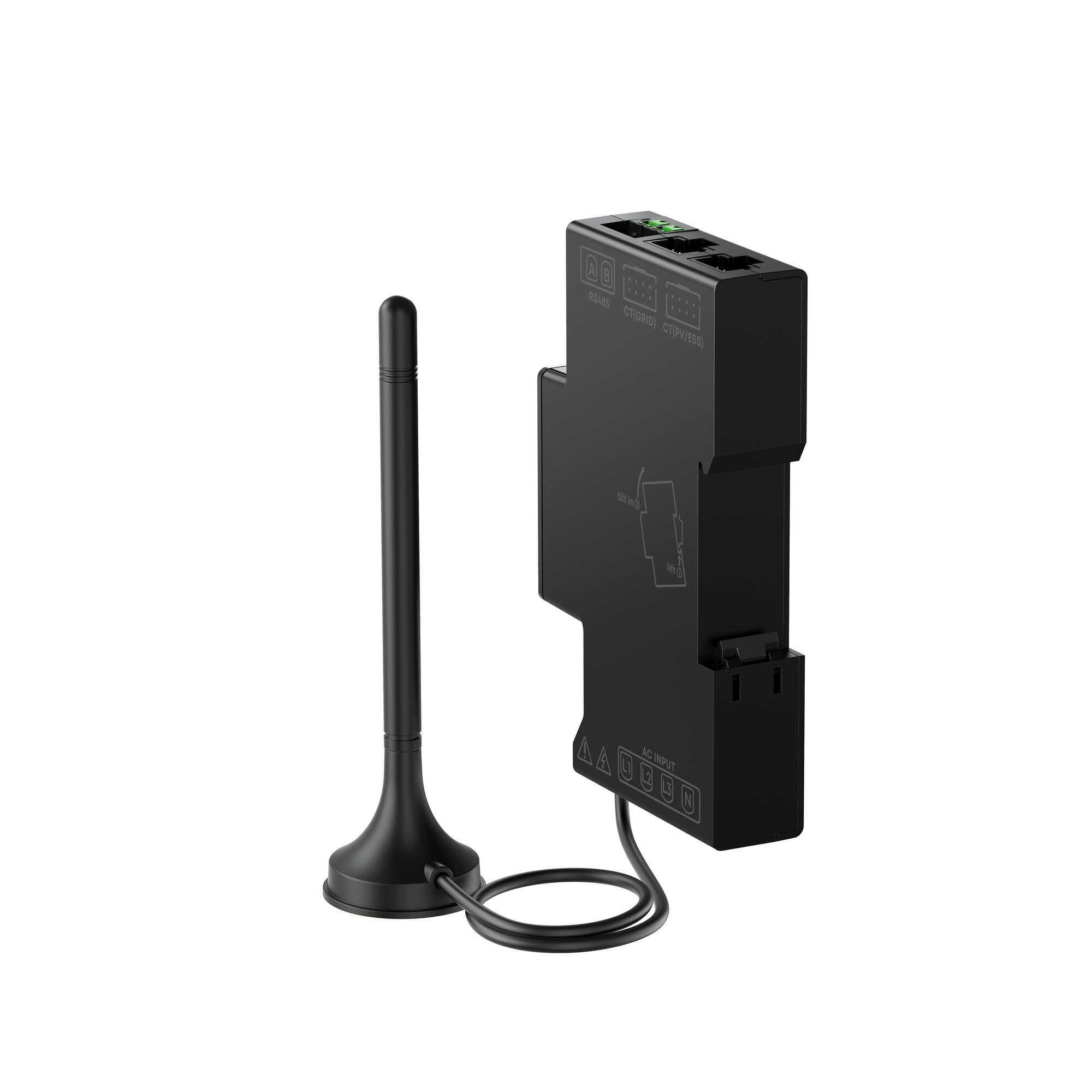 Un dispositivo electrónico negro con antena y cable sobre fondo blanco.
