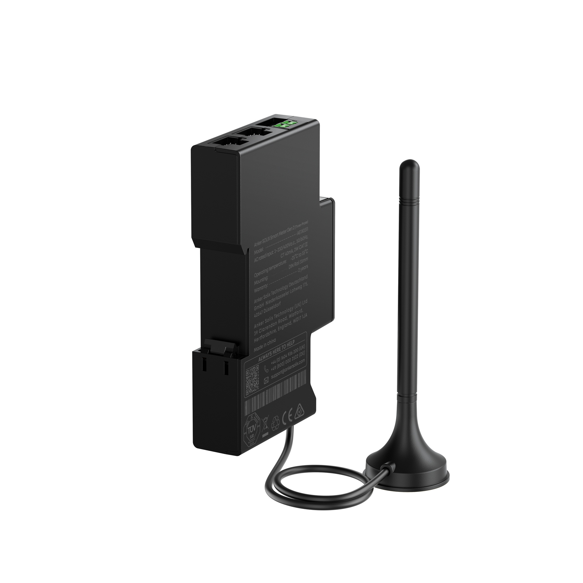 Medidor inteligente negro con antena. Puertos arriba, detalles al lado.