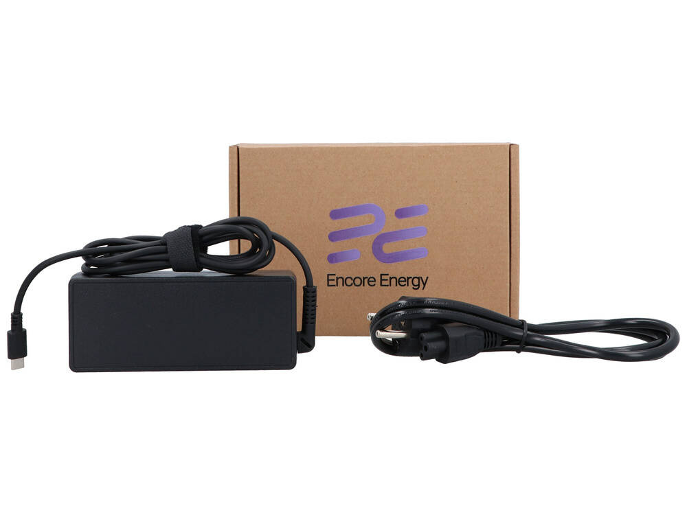 Czarna ładowarka do laptopa, zasilacz i kabel zasilający z pudełkiem Encore Energy.
