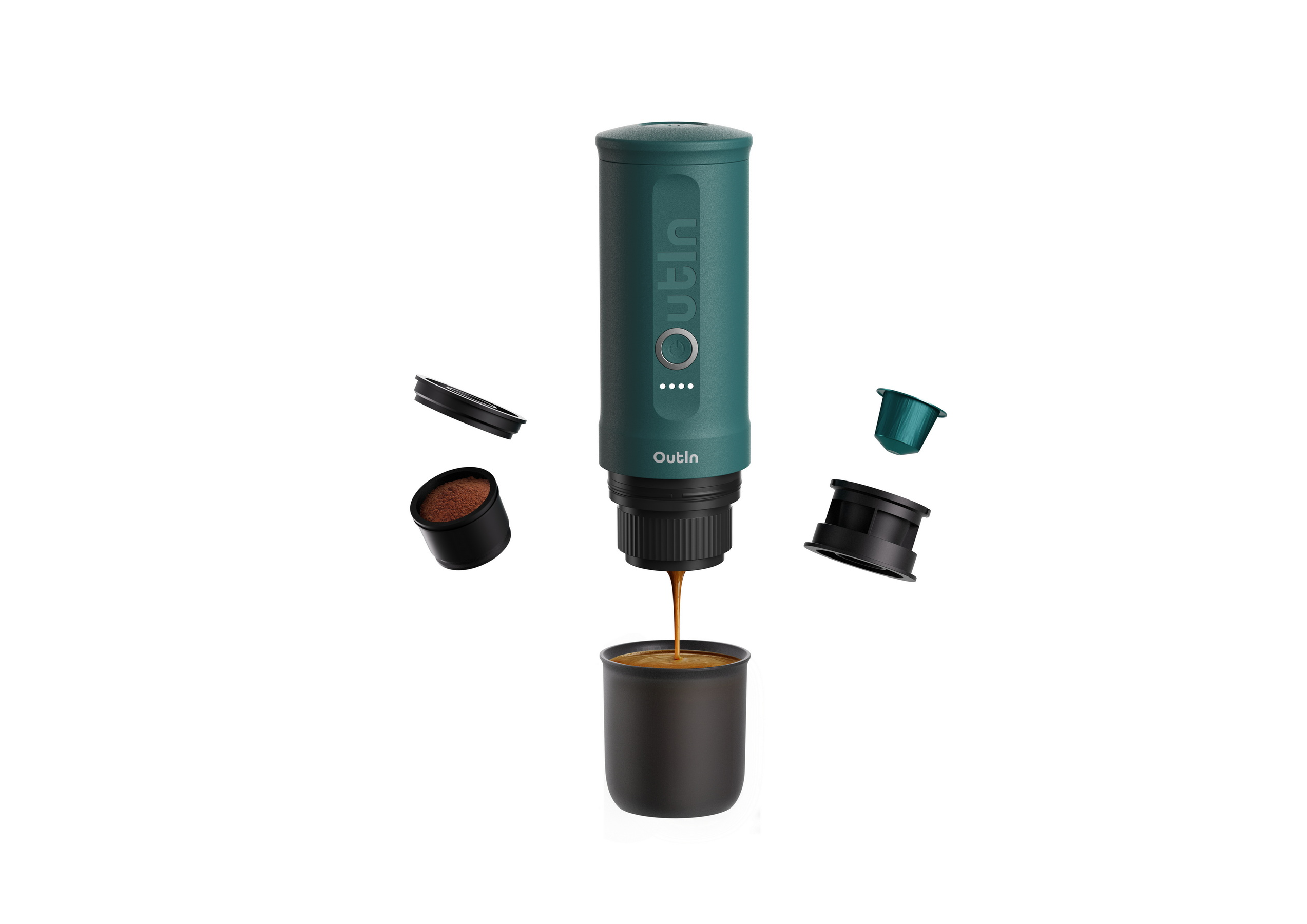 Una cafetera verde con cápsulas de café y café goteando en una taza.