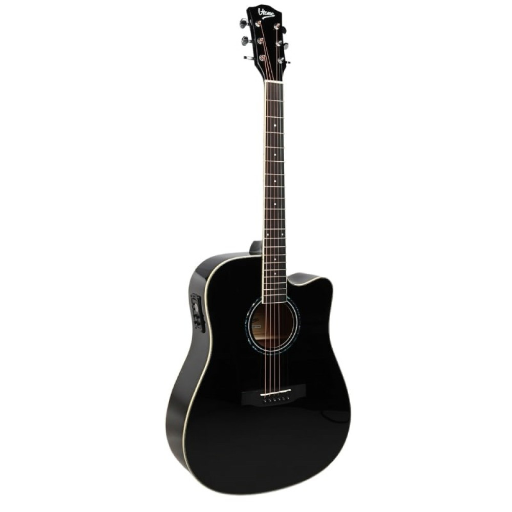 Błyszcząca czarna gitara akustyczna z wycięciem i sześcioma strunami.