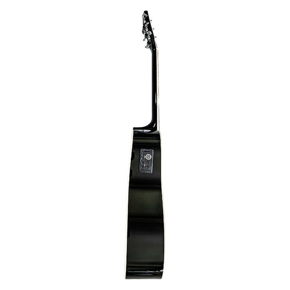Czarna gitara akustyczna z jednostką przetwornika z boku.