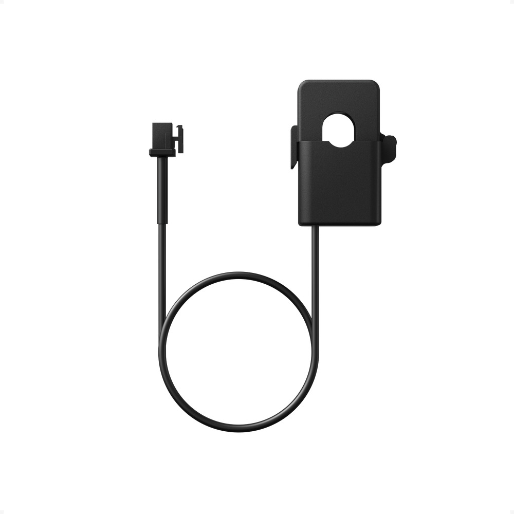 Black current sensor with cable and connector on a white background.