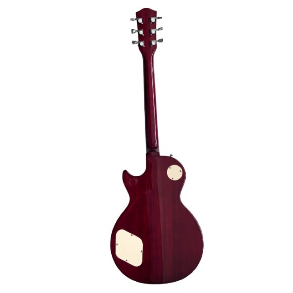 Czerwona gitara elektryczna z tyłu, z białymi przetwornikami i kluczami.