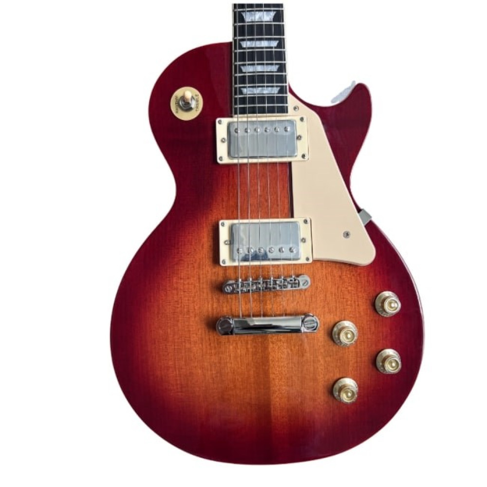 Gitara elektryczna sunburst z chromowanym osprzętem i kremową płytką na białym tle.