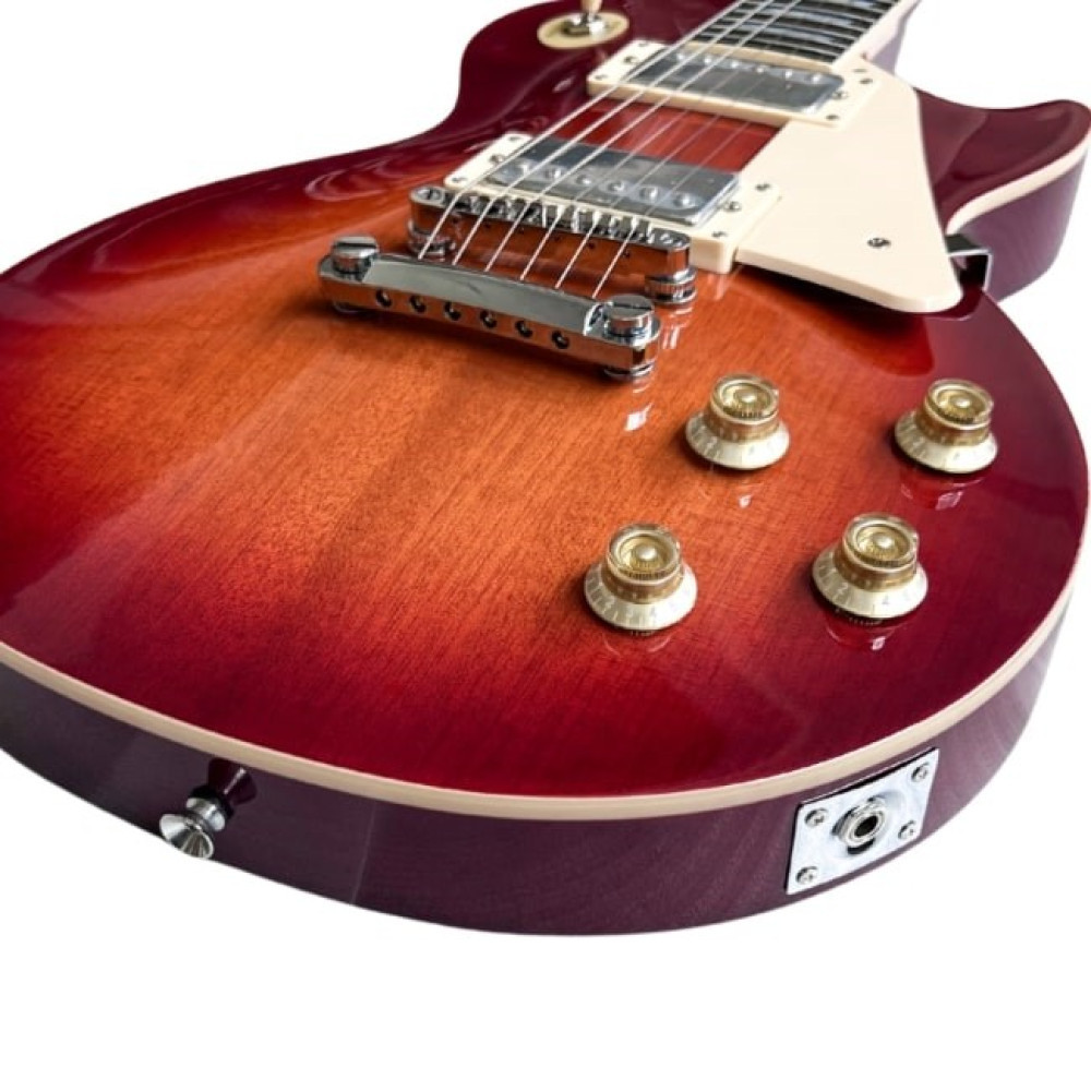 Gitara elektryczna z wykończeniem sunburst czerwono-pomarańczowym, zbliżenie na kontrolki.
