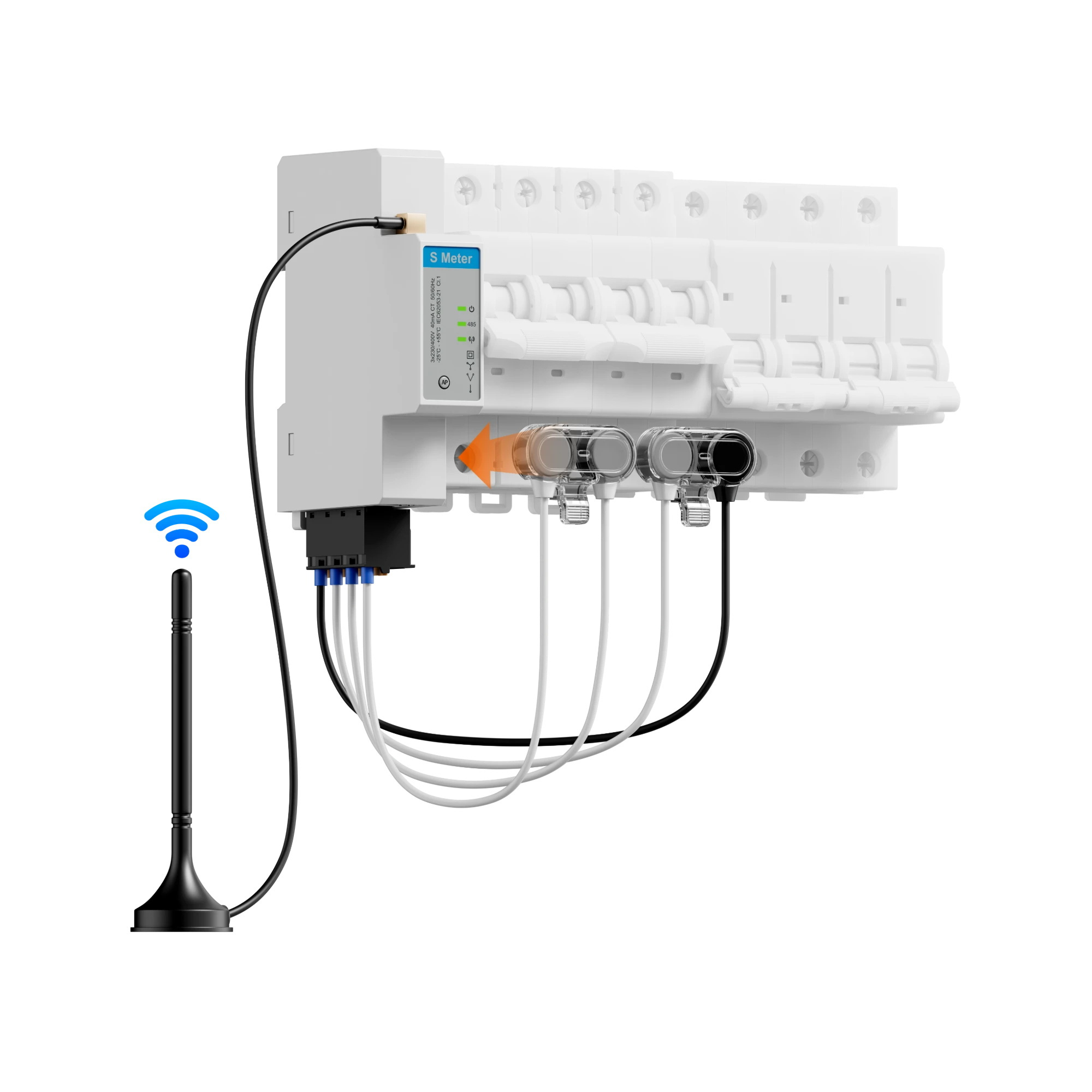Un medidor de electricidad blanco con antena y cables. Luces LED verdes encendidas.