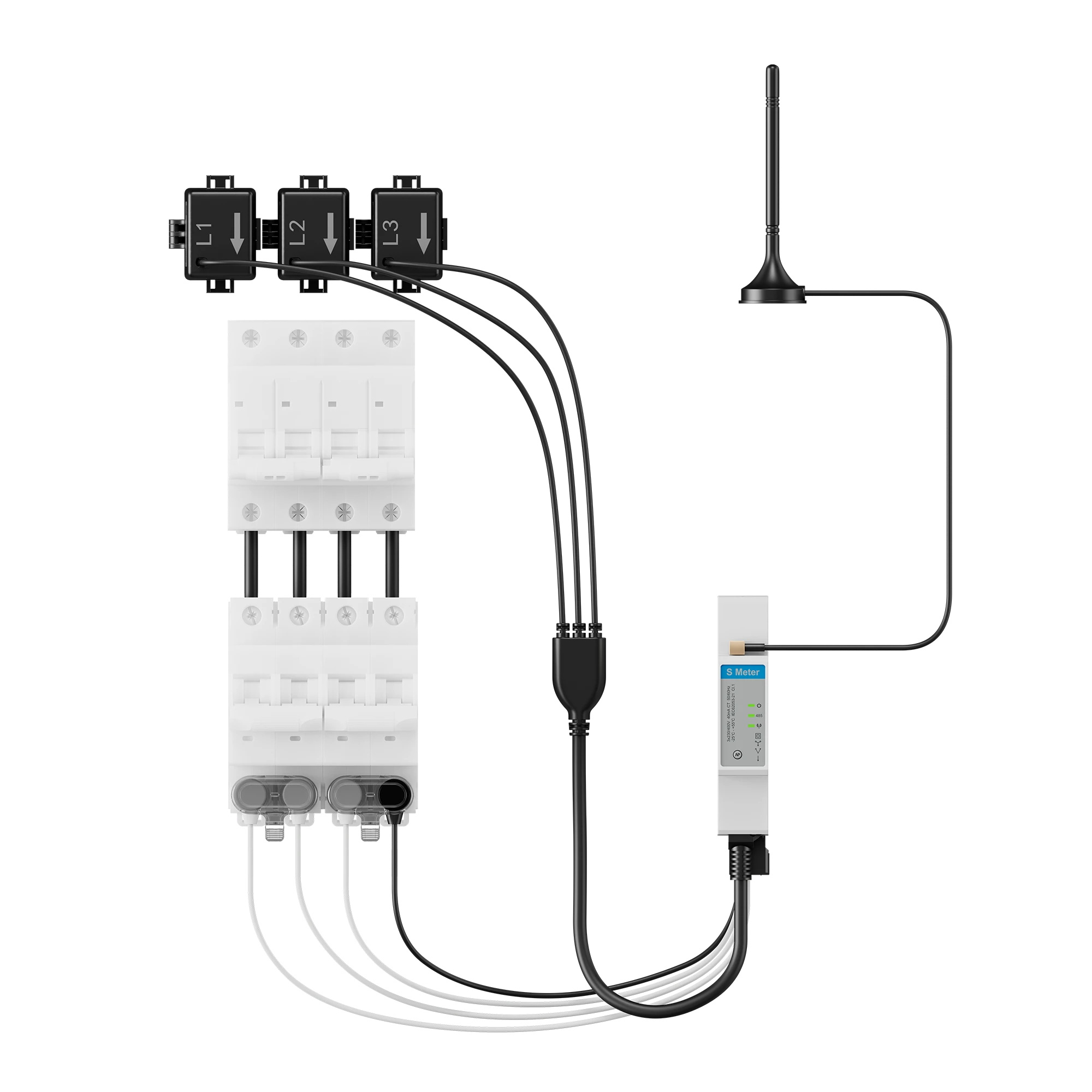 Medidor de potencia trifásico con disyuntores, cables y antena sobre fondo blanco.