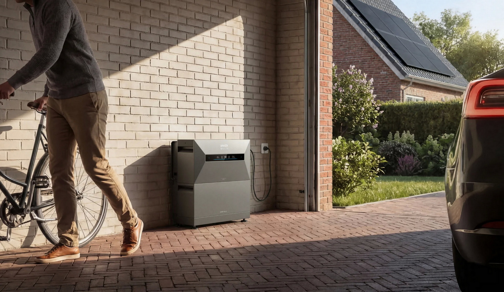 Homme avec vélo à côté d'une unité de stockage d'énergie devant une maison avec panneaux solaires et voiture.