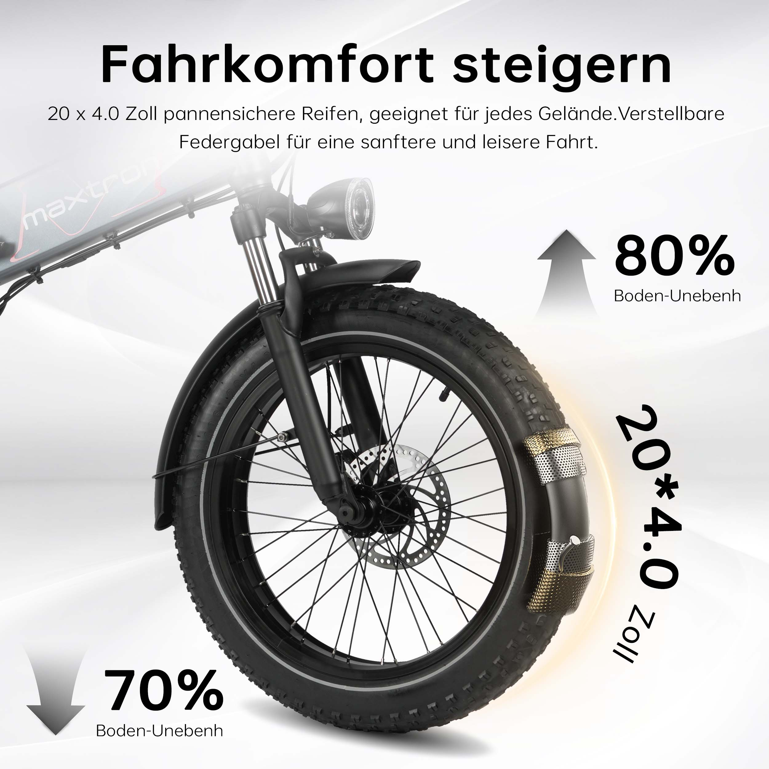 Bicicleta eléctrica con neumáticos de 20x4.0 pulgadas y horquilla ajustable.