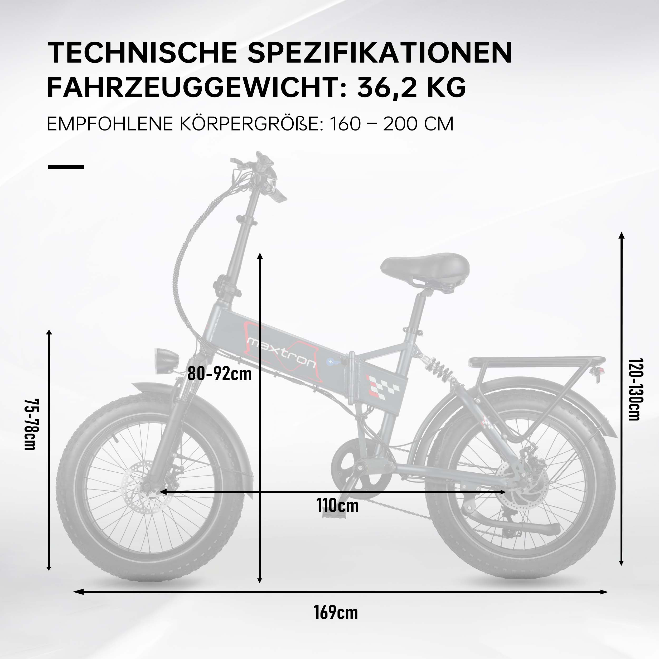 Una bicicleta plegable negra con logo Maxtron, se indican las dimensiones.