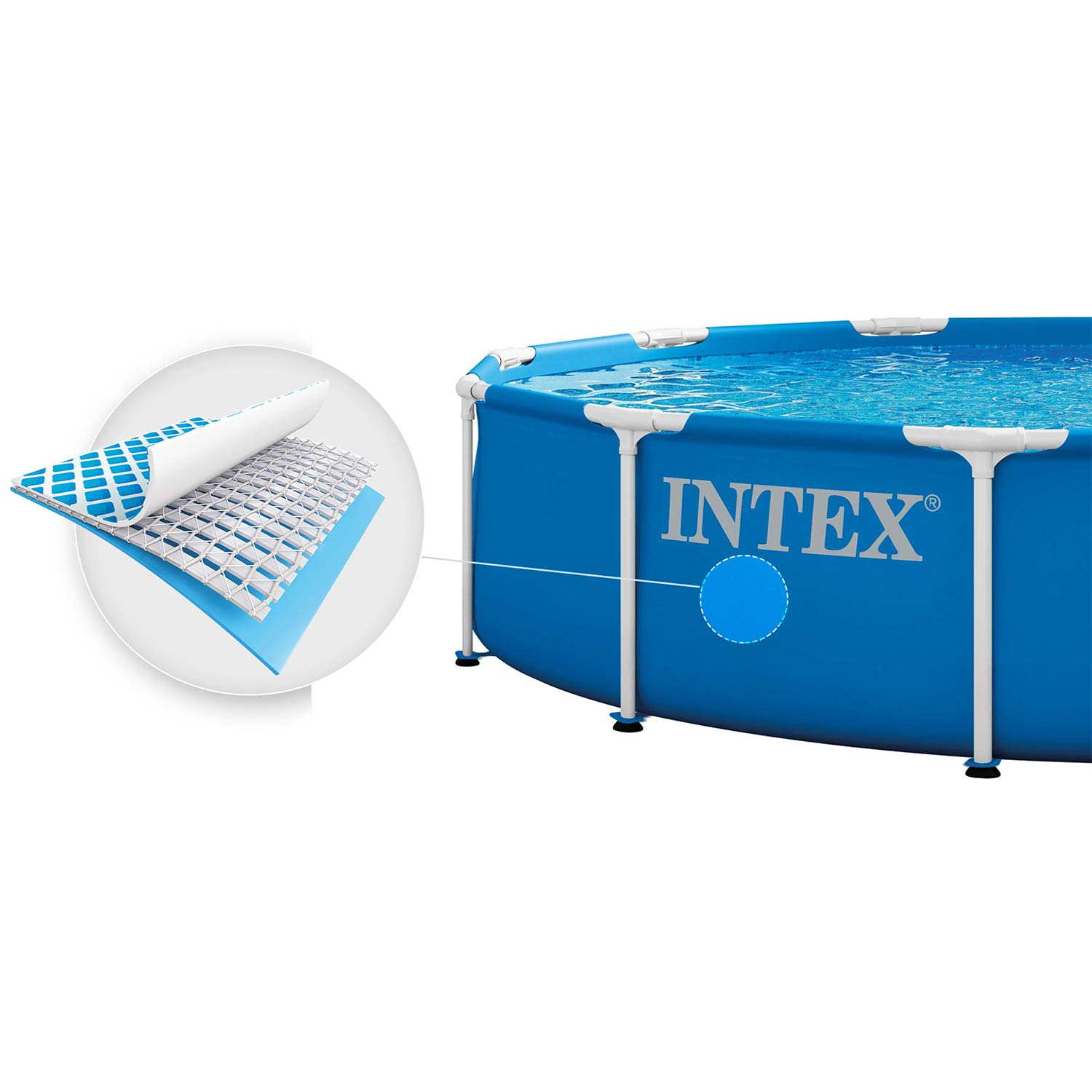 Niebieski basen Intex z białym stelażem i zbliżeniem na warstwy materiału.