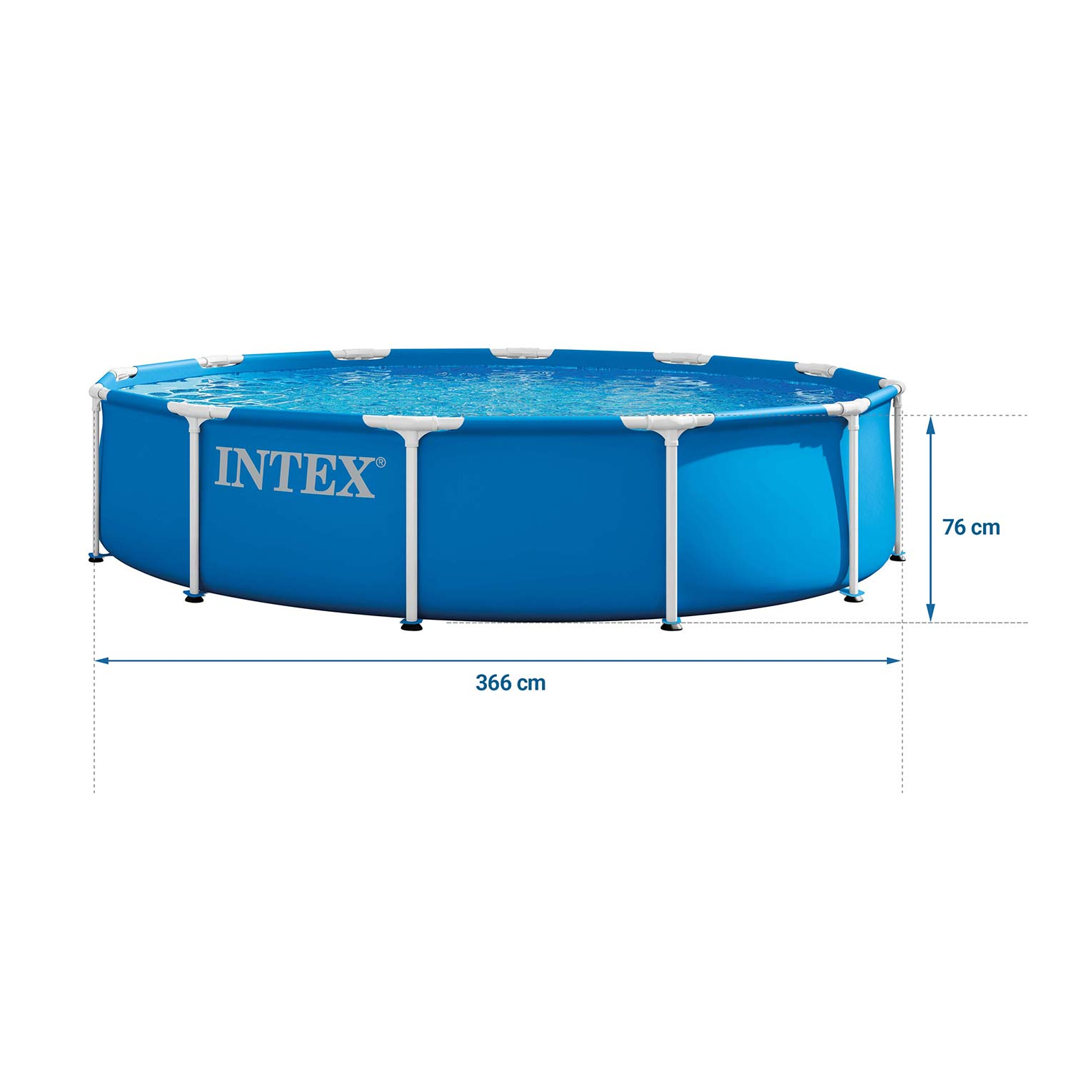 Niebieski basen Intex z białym stelażem, szeroki na 366 cm i wysoki na 76 cm.