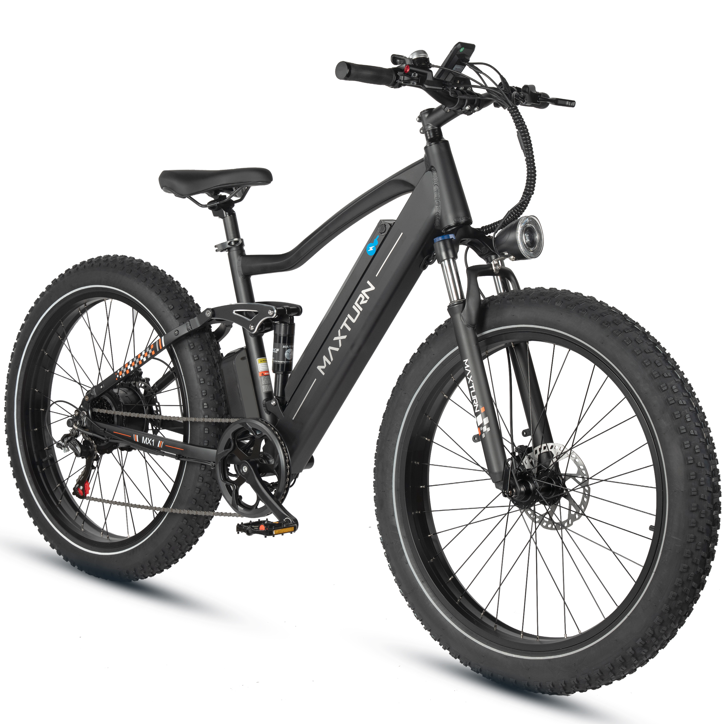Una bicicleta eléctrica negra de llantas anchas con suspensión y frenos de disco.