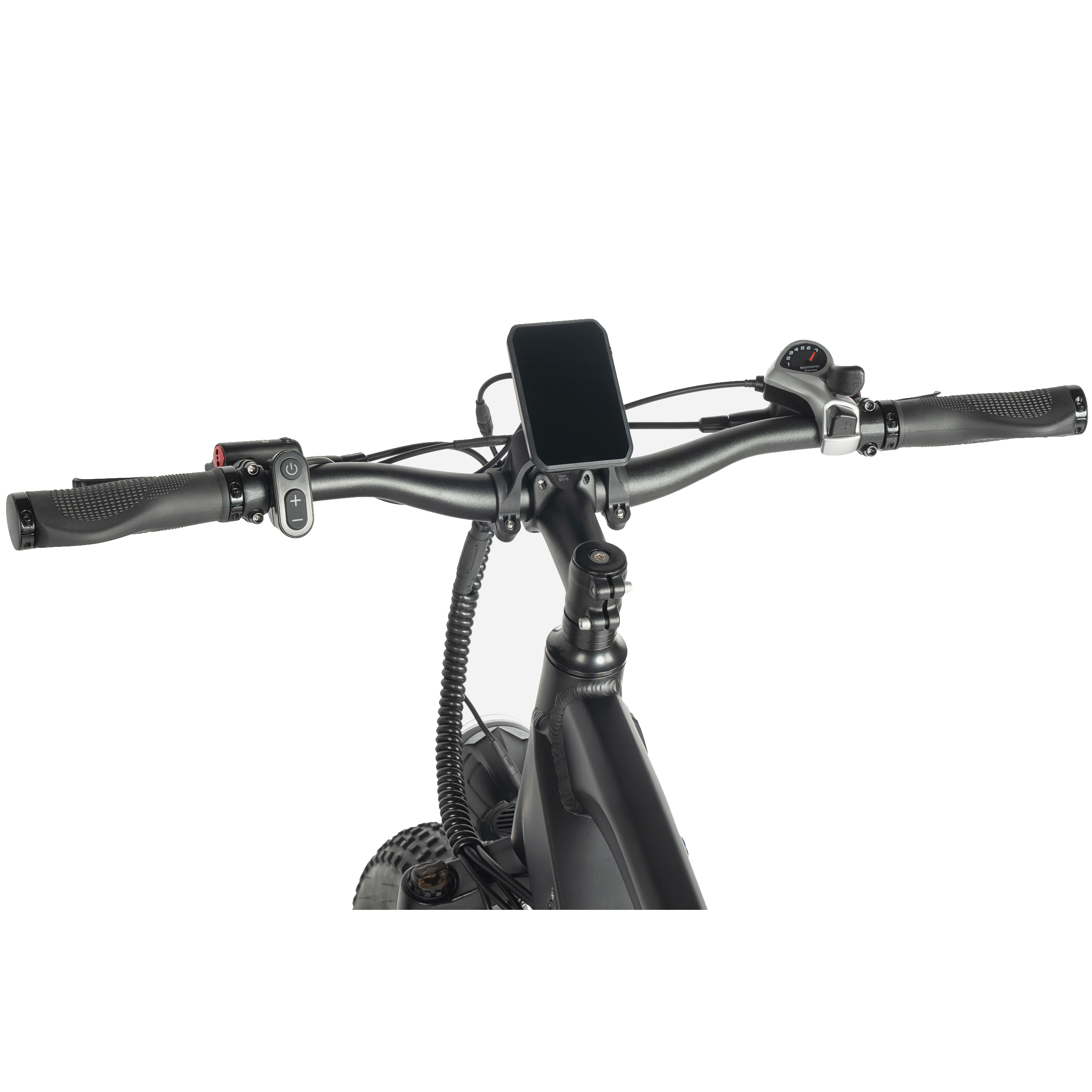 Manillar de bicicleta eléctrica con soporte para teléfono, puños y controles.