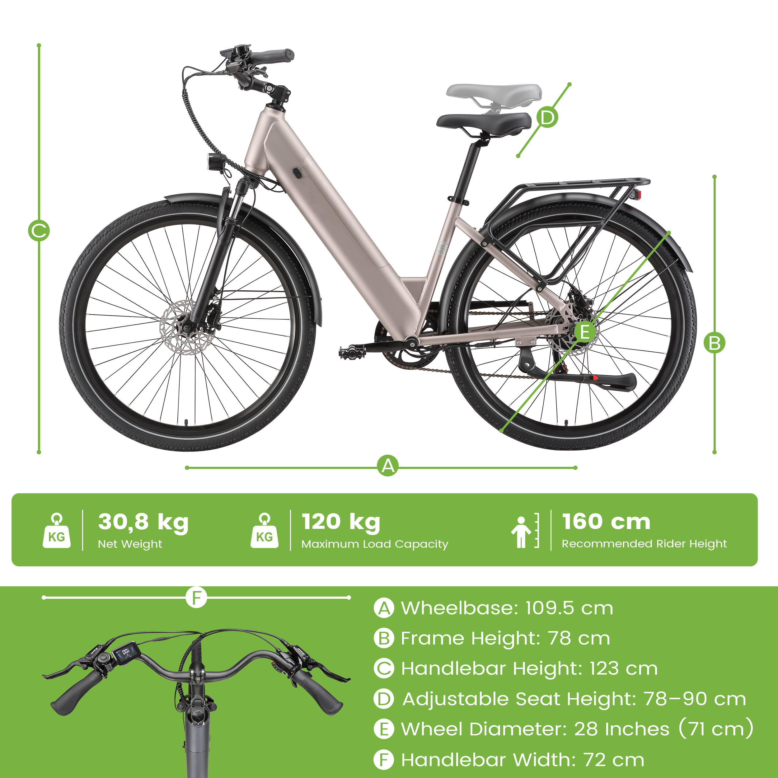 Una e-bike beige con dimensiones: Distancia entre ejes 109,5 cm, Altura.