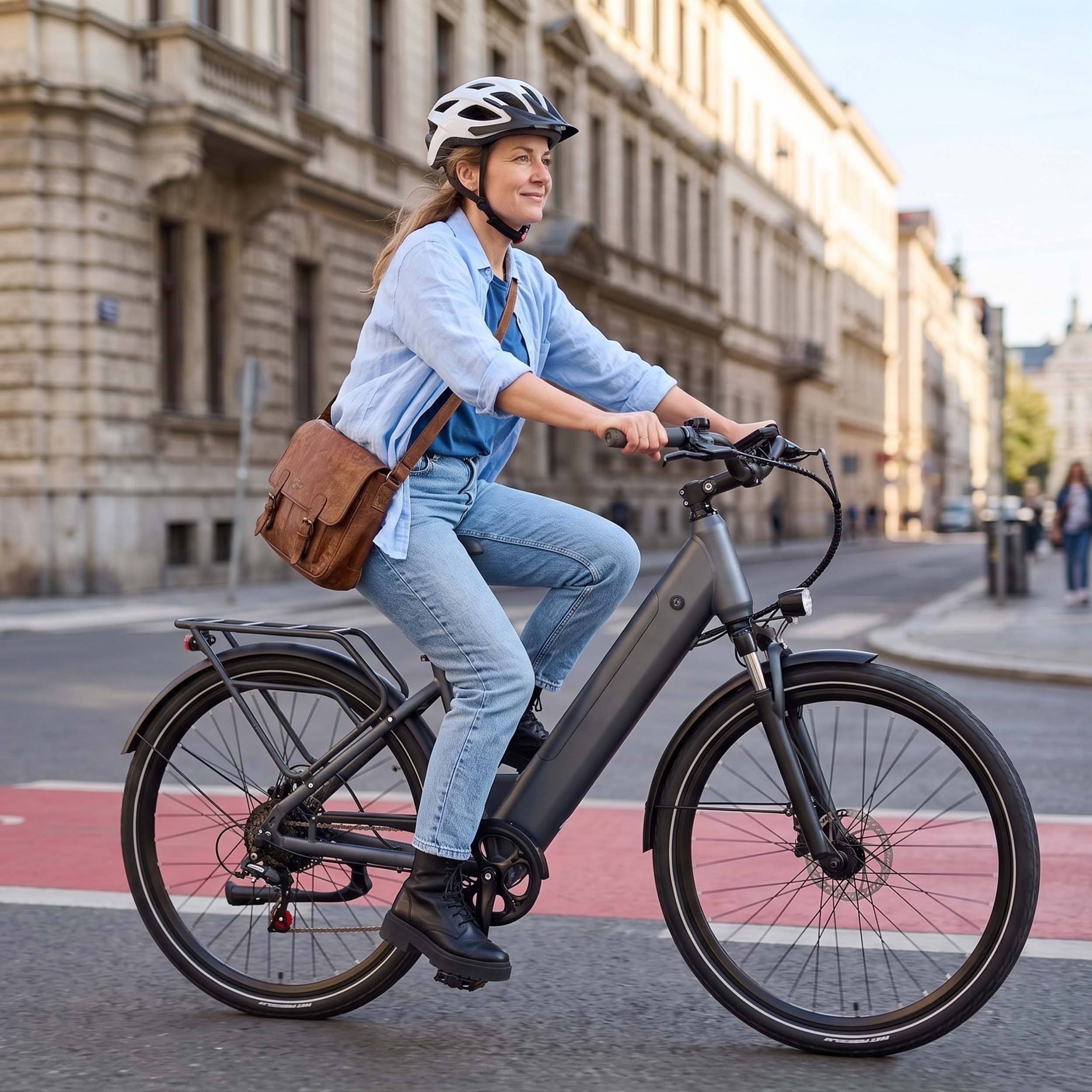 Una mujer con casco monta una bicicleta eléctrica gris en una calle con edificios de fondo.