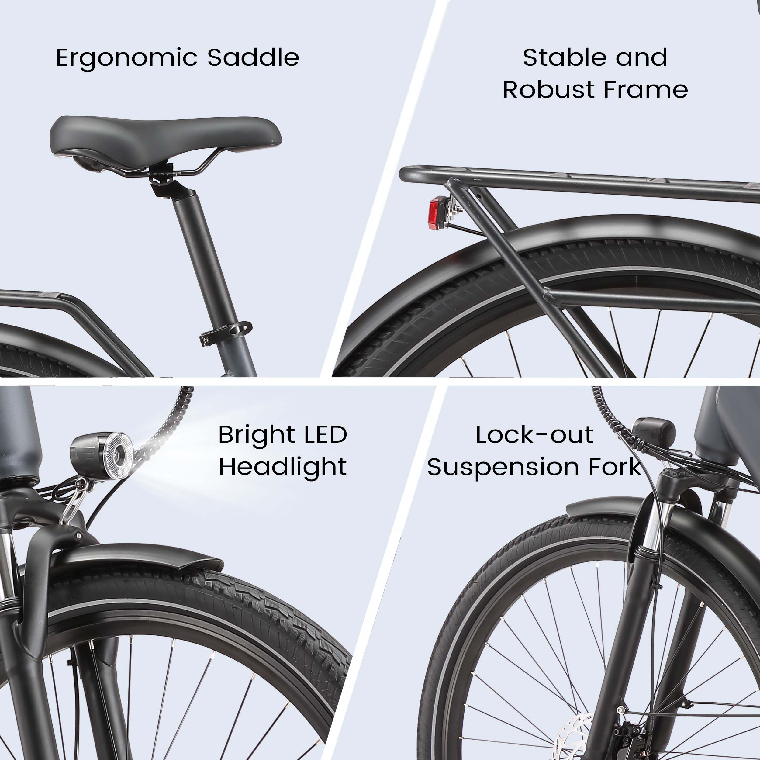 Detalles de una bicicleta: sillín, cuadro, luz y horquilla.