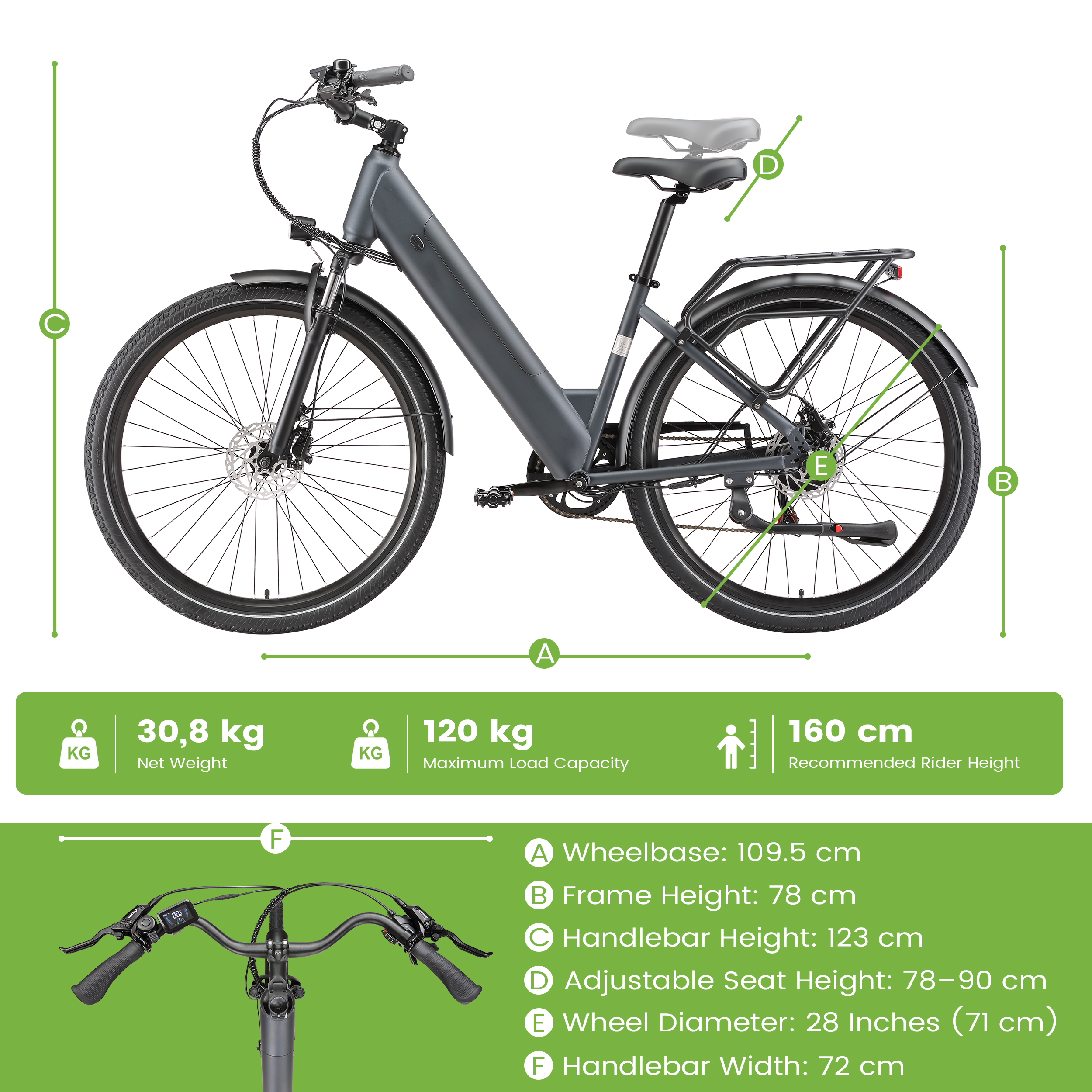 E-bike gris con dimensiones y peso: 30,8 kg neto, 120 kg de carga máx.