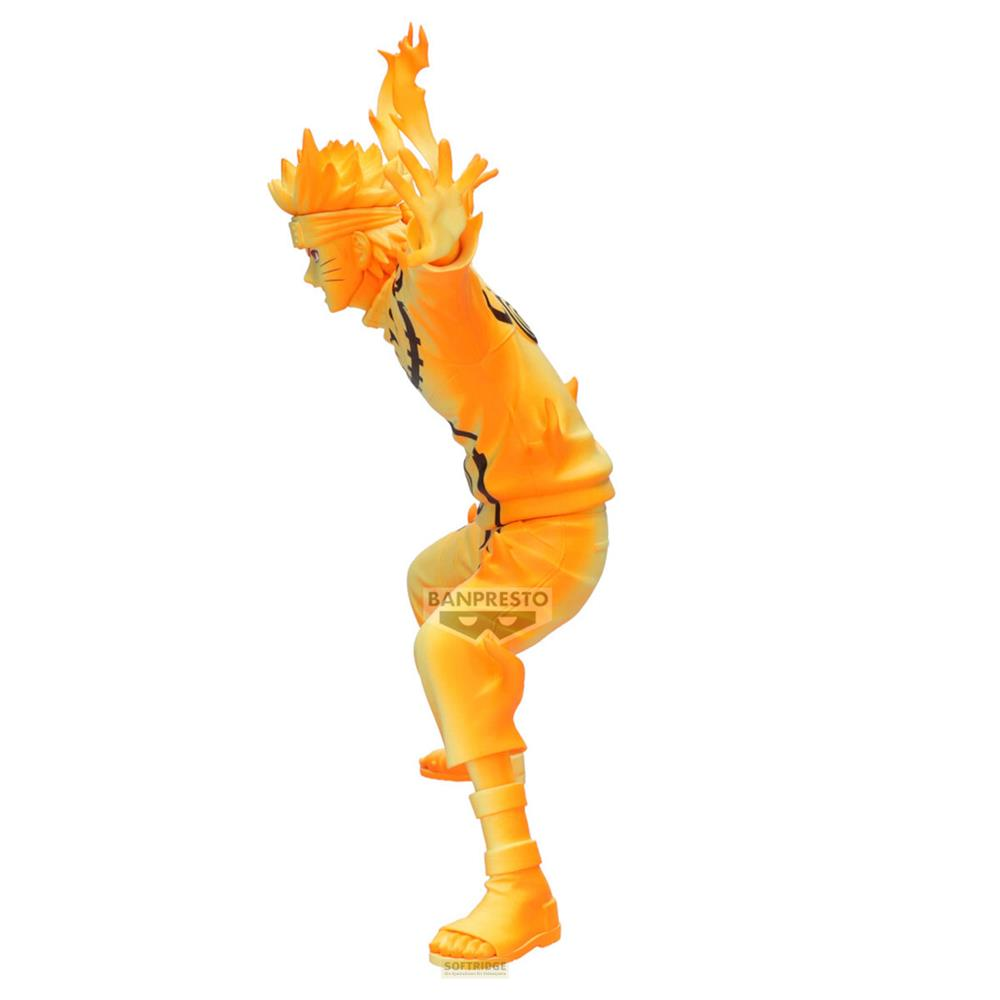 Orangefarbene Figur in Pose, mit Flammen um Kopf und Händen.