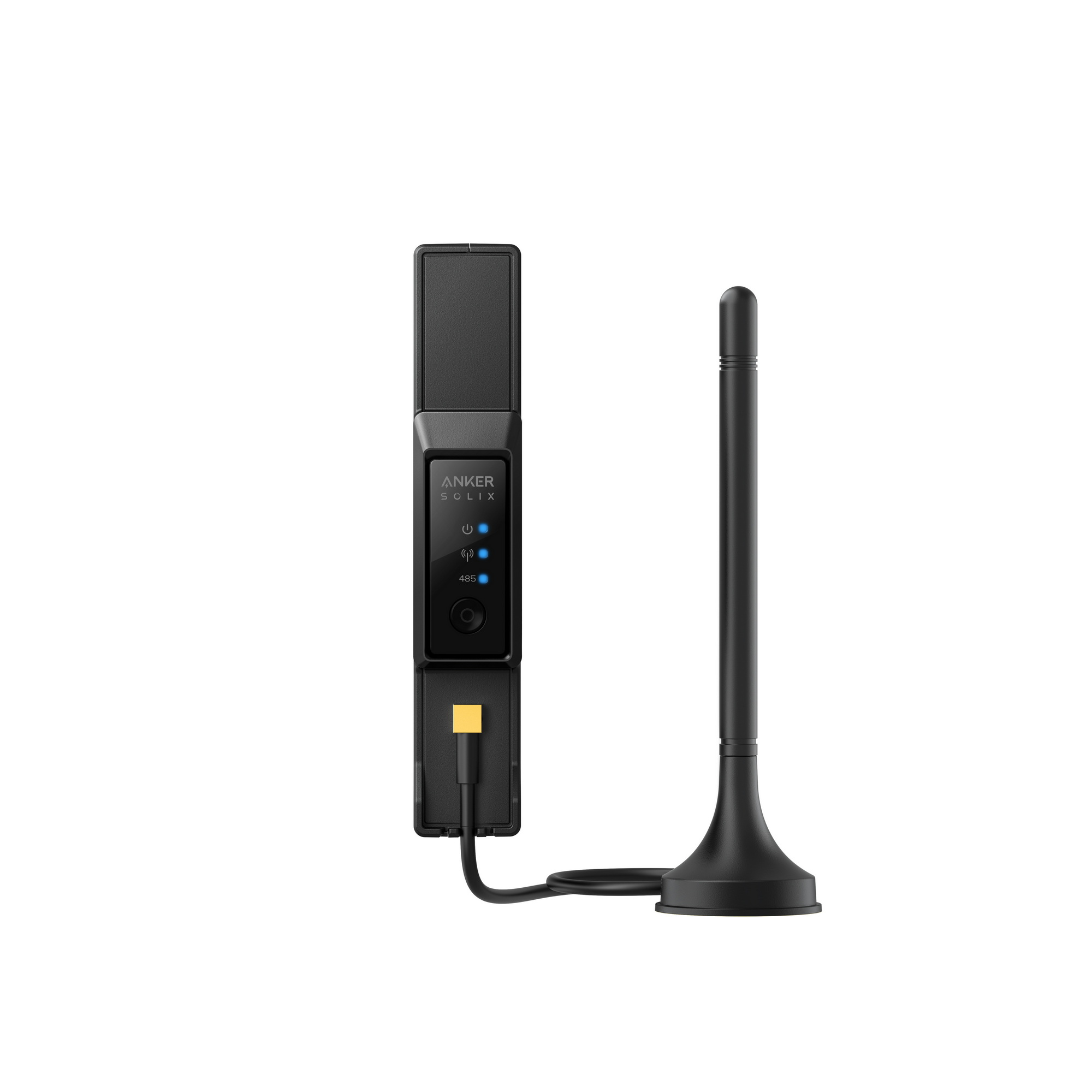 Un dongle Anker Solix negro con antena y cable USB-C sobre fondo blanco.