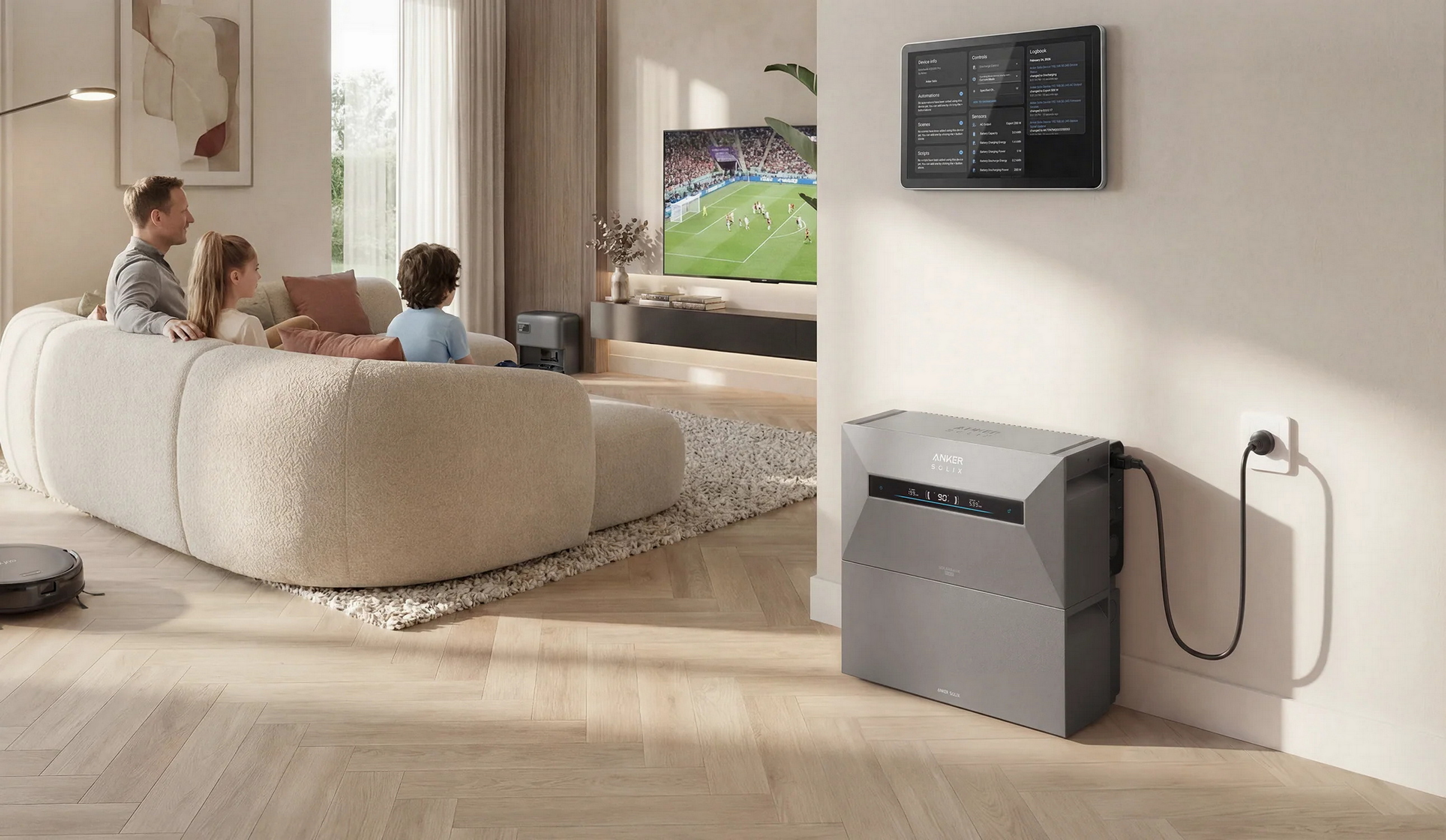 Famiglia guarda la TV mentre un robot aspira e una centrale elettrica si carica.