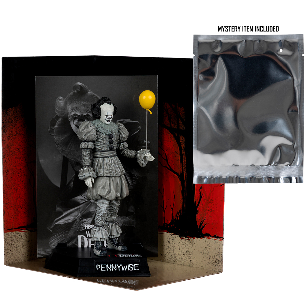 Pennywise-Figur mit gelbem Ballon neben einer mysteriösen silbernen Tasche.