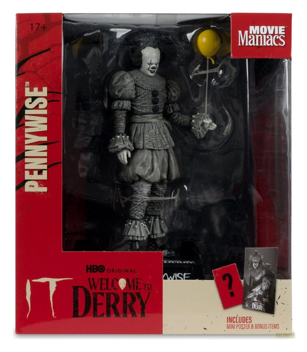 Pennywise-Figur in Schachtel, hält einen gelben Ballon. Movie Maniacs Logo.
