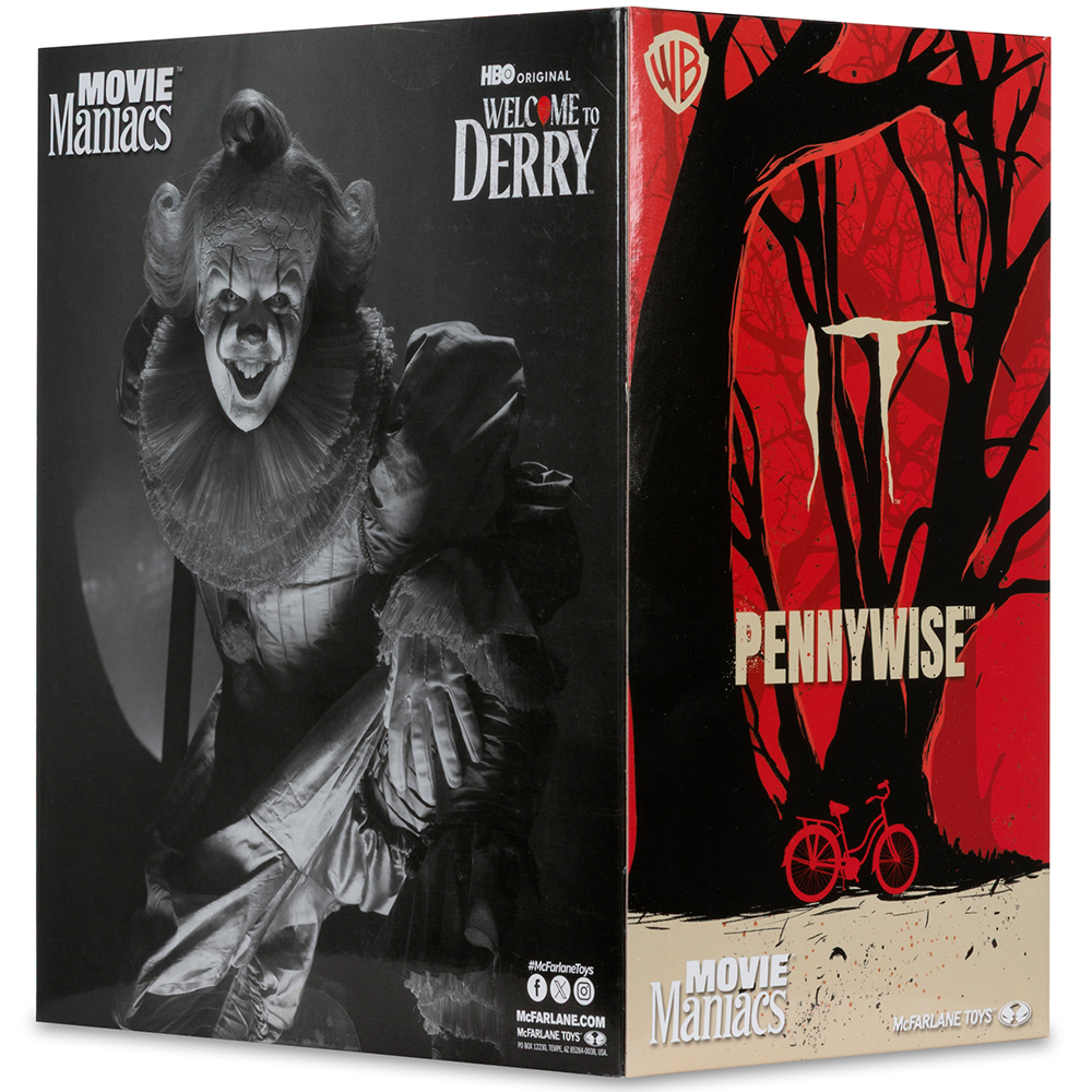 Pennywise-Figurbox, links Schwarz-Weiß, rechts rot/schwarz mit Baum und Fahrrad.