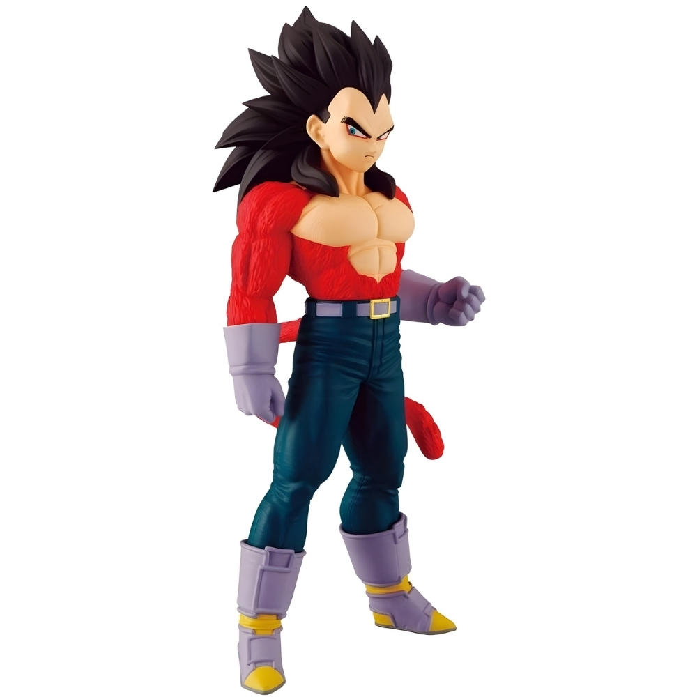 Figura de Vegeta en Super Saiyan 4, con pelo negro, pelaje rojo, pantalones azules y botas púrpuras.